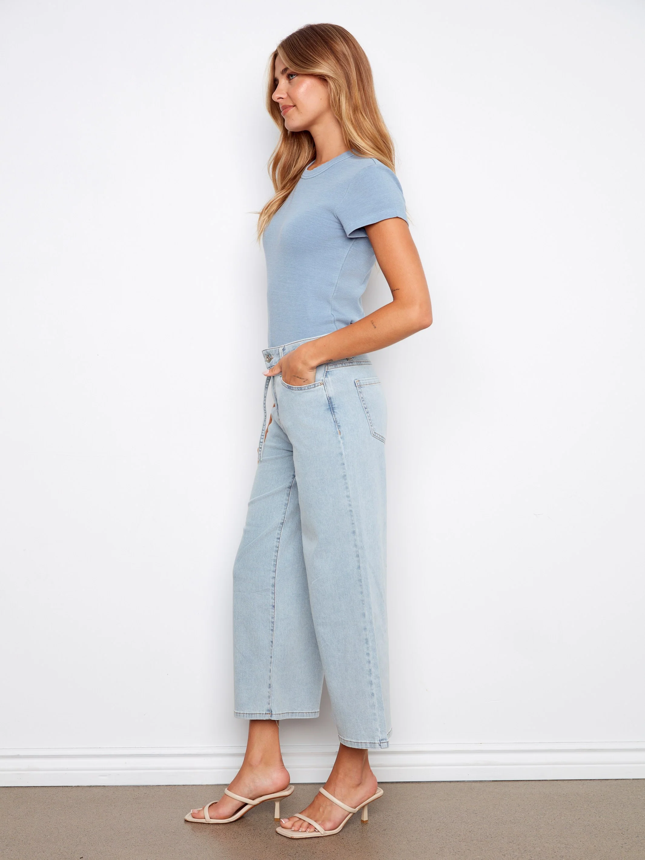 Belted Cropped Wide Leg Jeans - Bleach Blue - Image 6