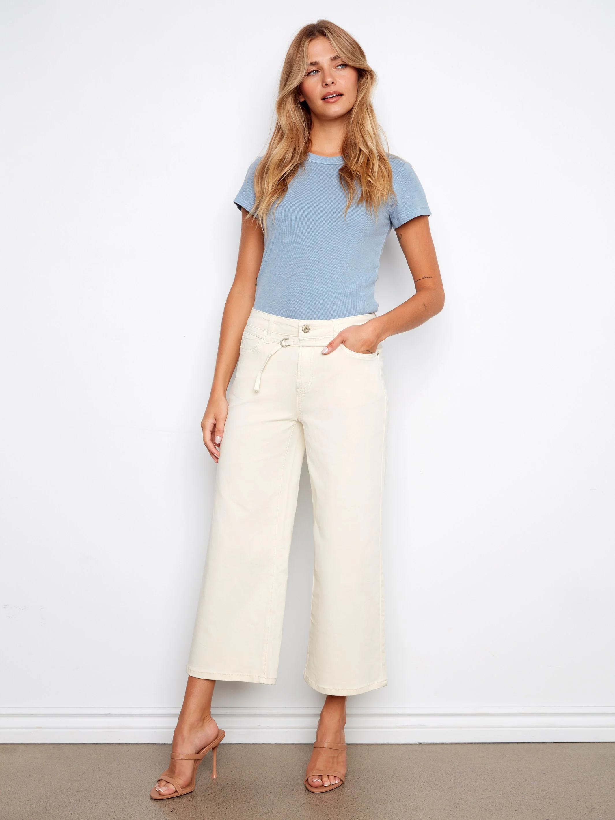 Belted Cropped Wide Leg Twill Jeans - Natural - Image 4