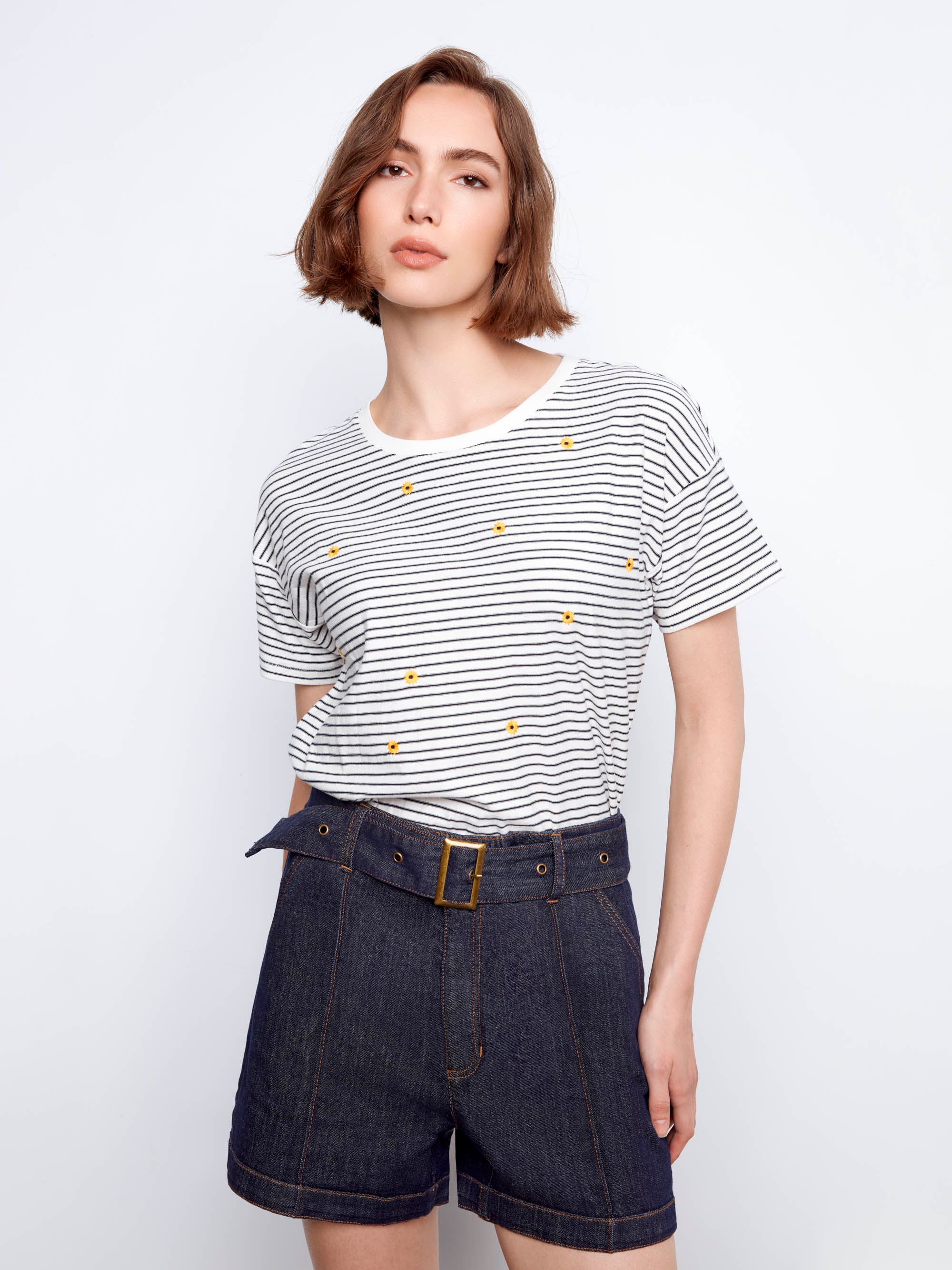 Belted Stretch Denim Shorts - Deep Blue - Image 7
