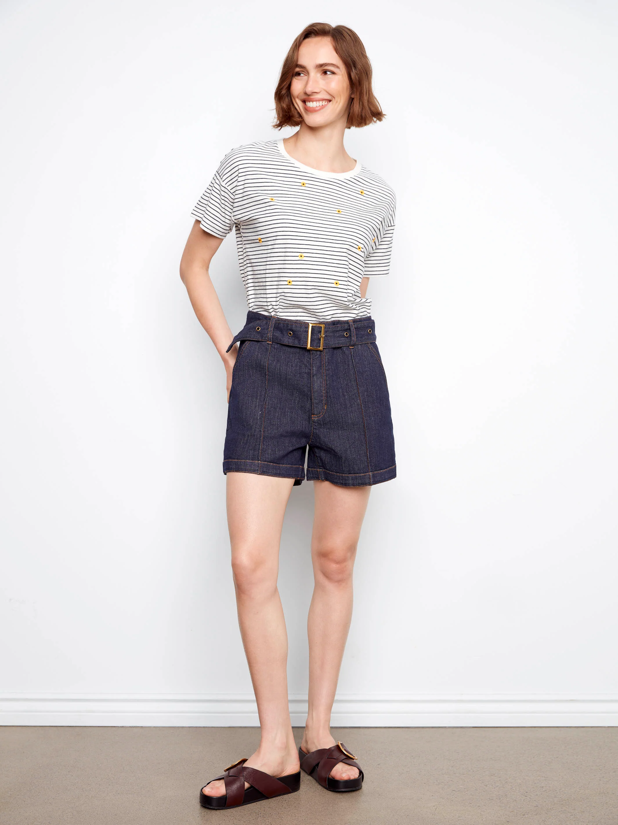 Belted Stretch Denim Shorts - Deep Blue - Image 8