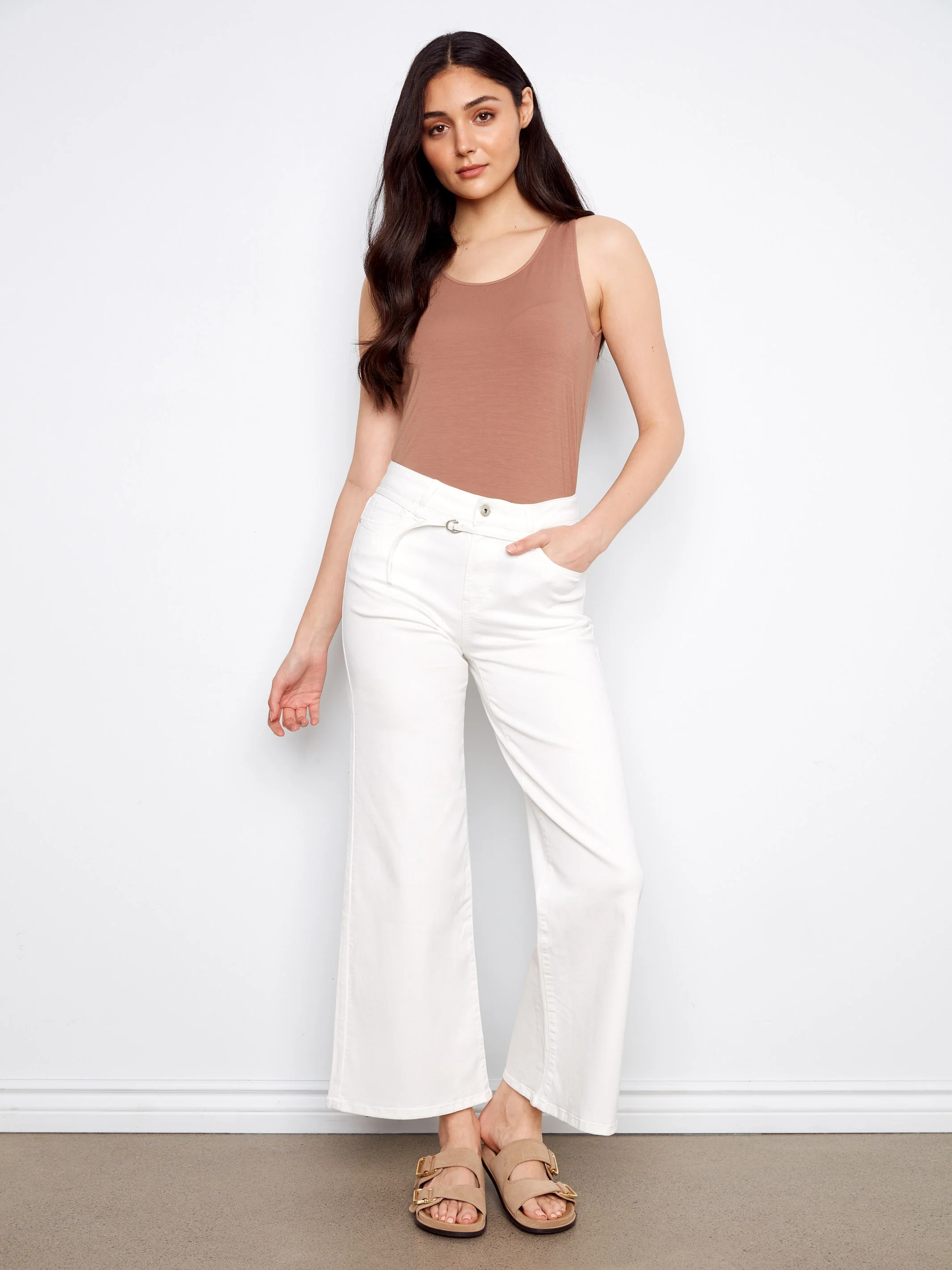 Belted Wide Leg Twill Pants - White - Image 4