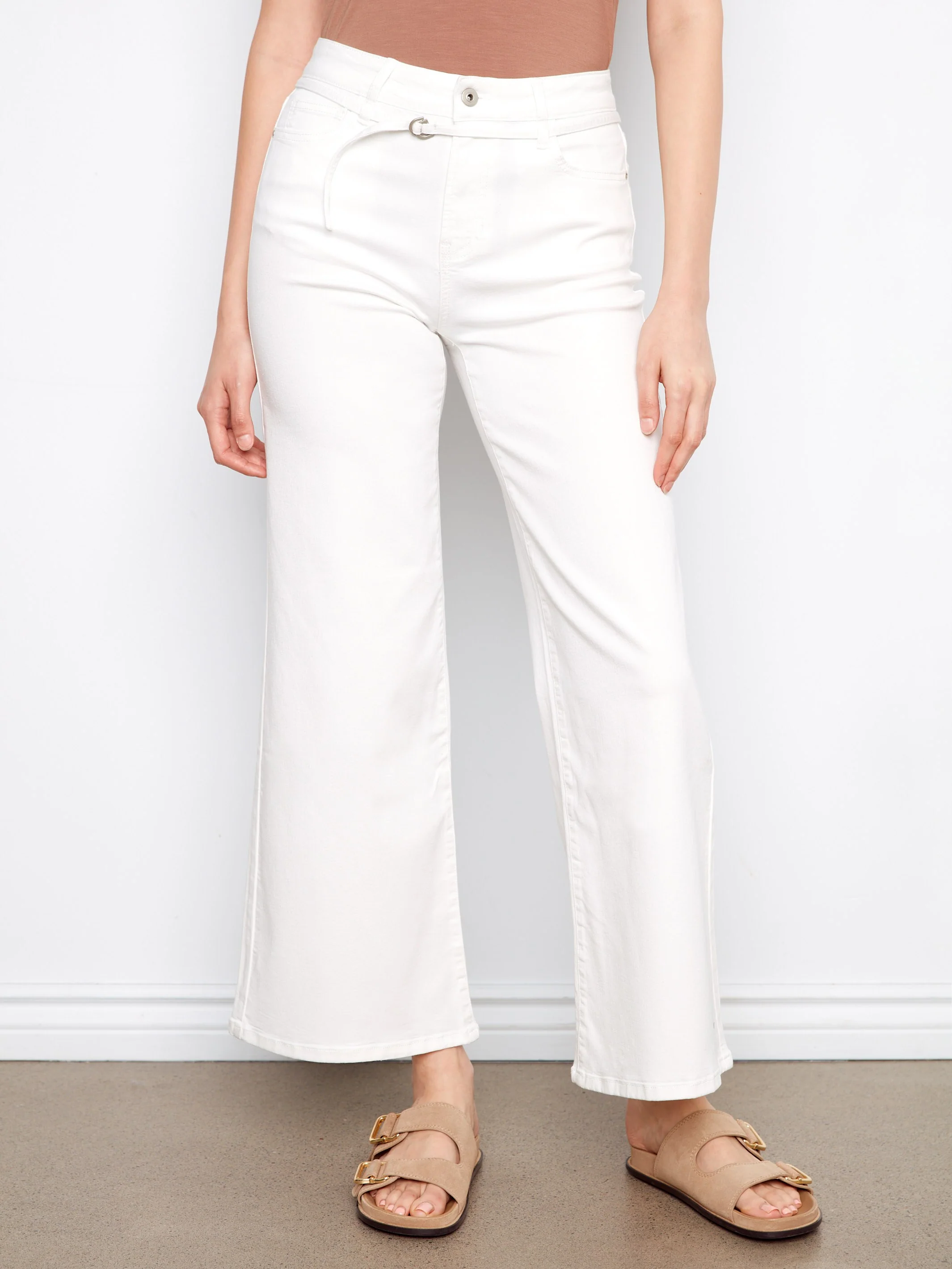Belted Wide Leg Twill Pants - White - Image 6