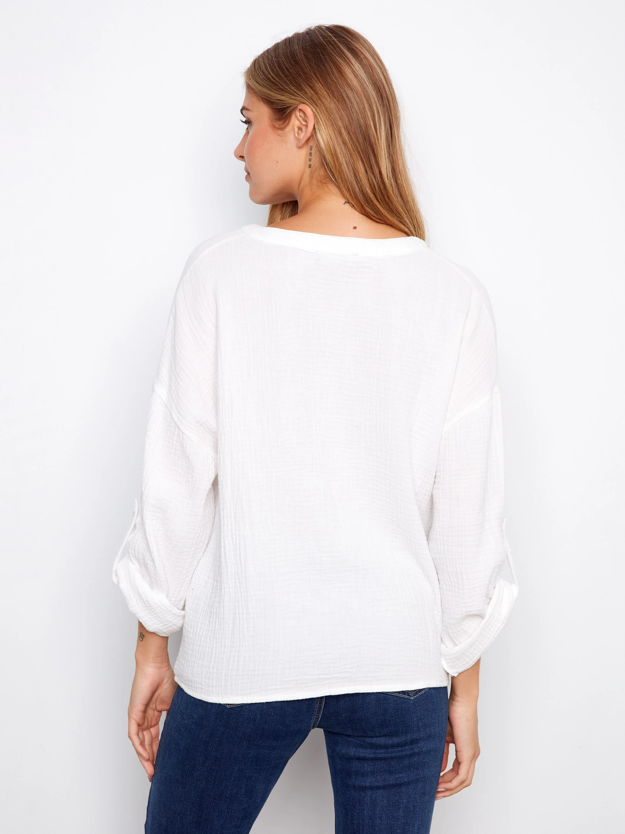 Bubble Cotton Blouse With Front Twist - White - Image 5