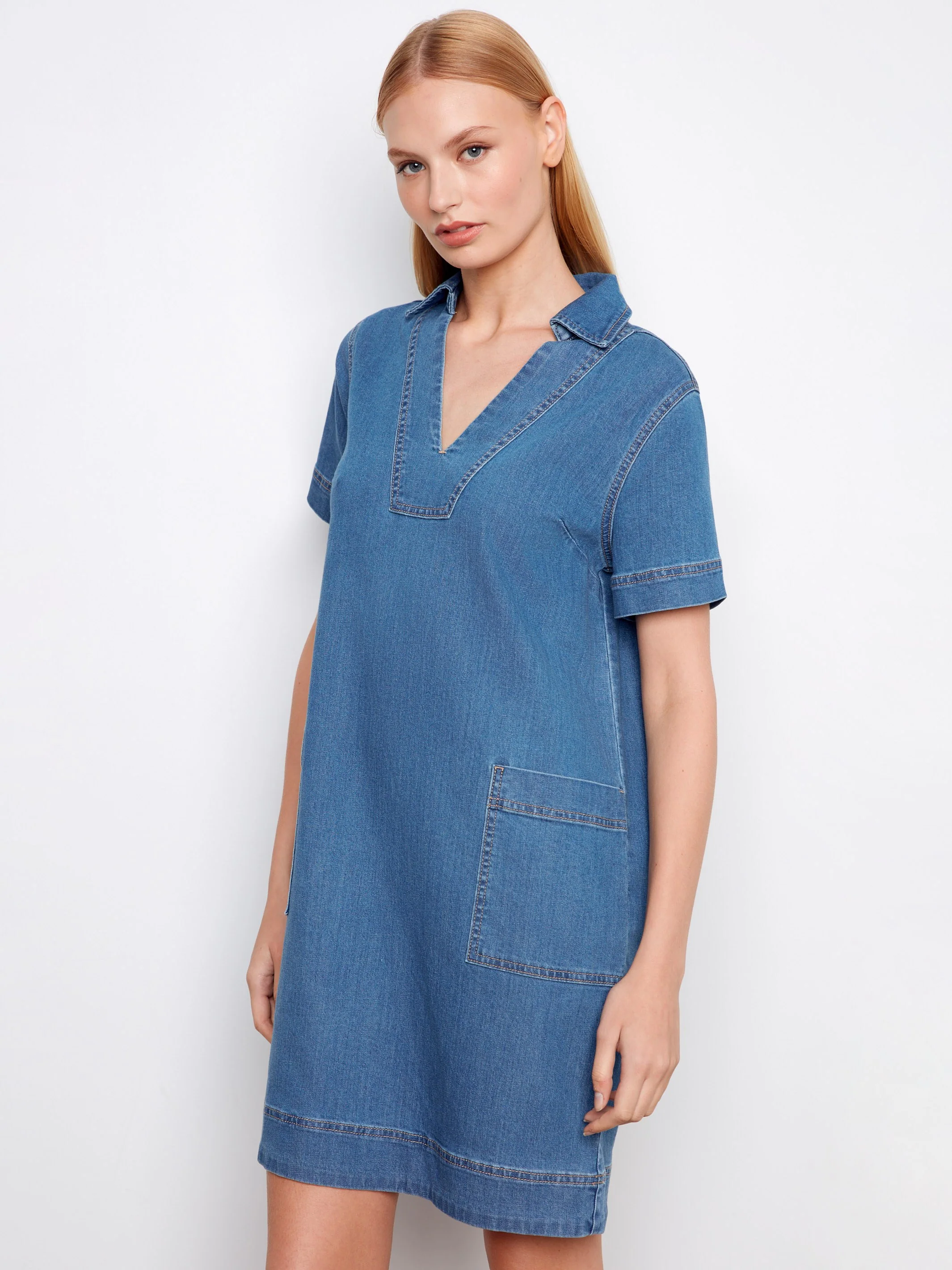 Collared V-Neck Denim Dress - Medium Blue - Image 3