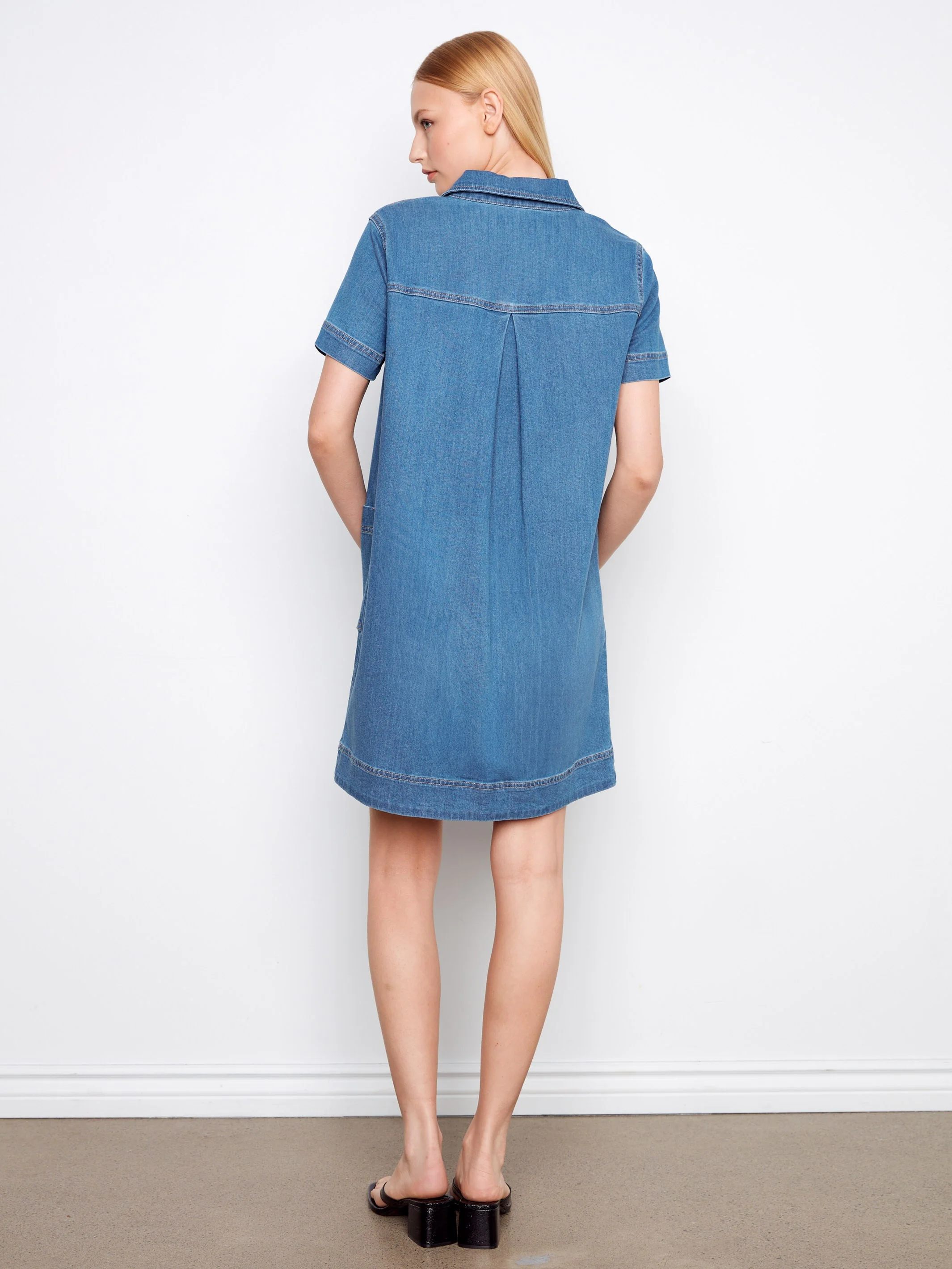 Collared V-Neck Denim Dress - Medium Blue - Image 5