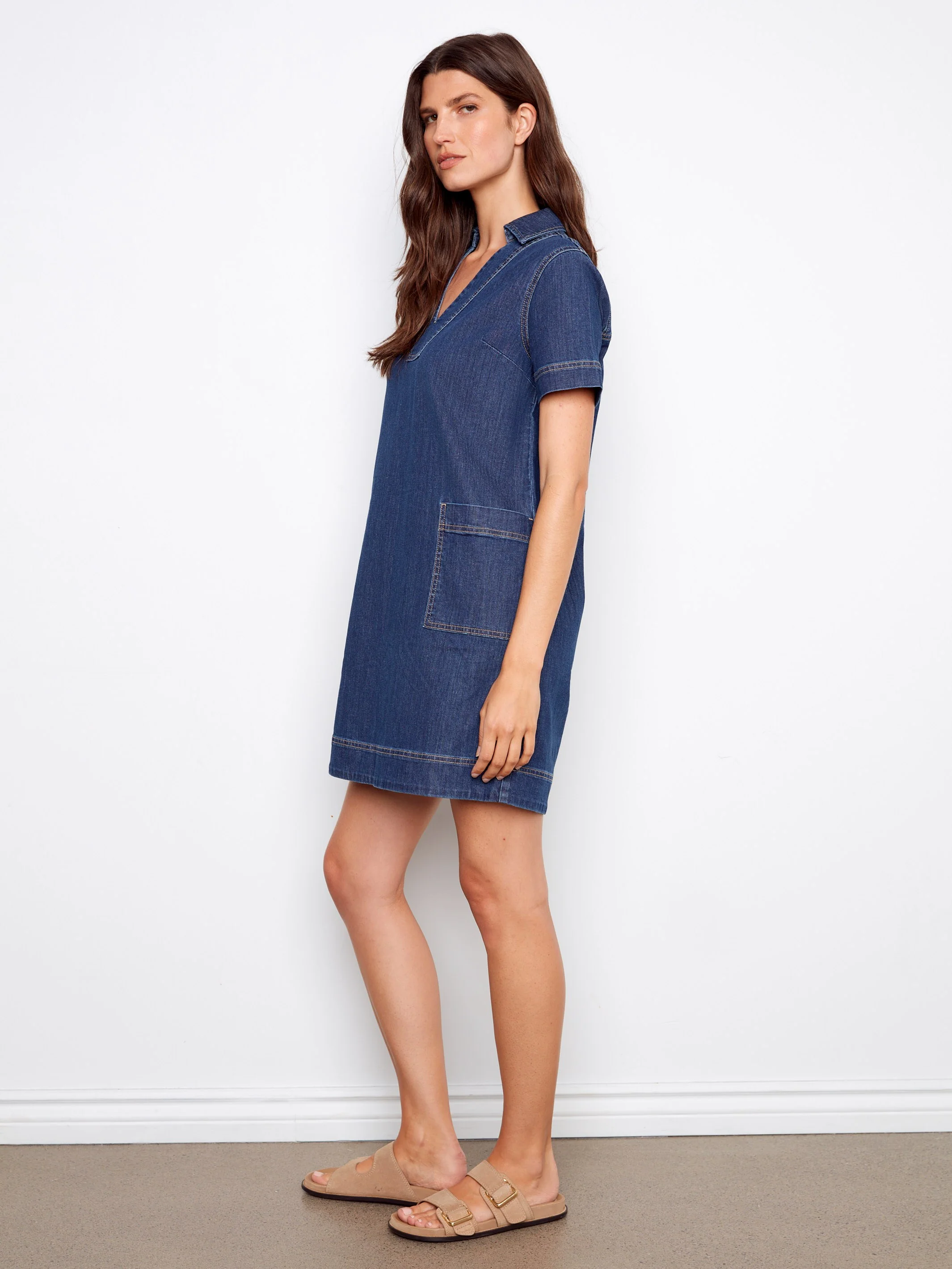 Collared V-Neck Denim Dress - Indigo - Image 3