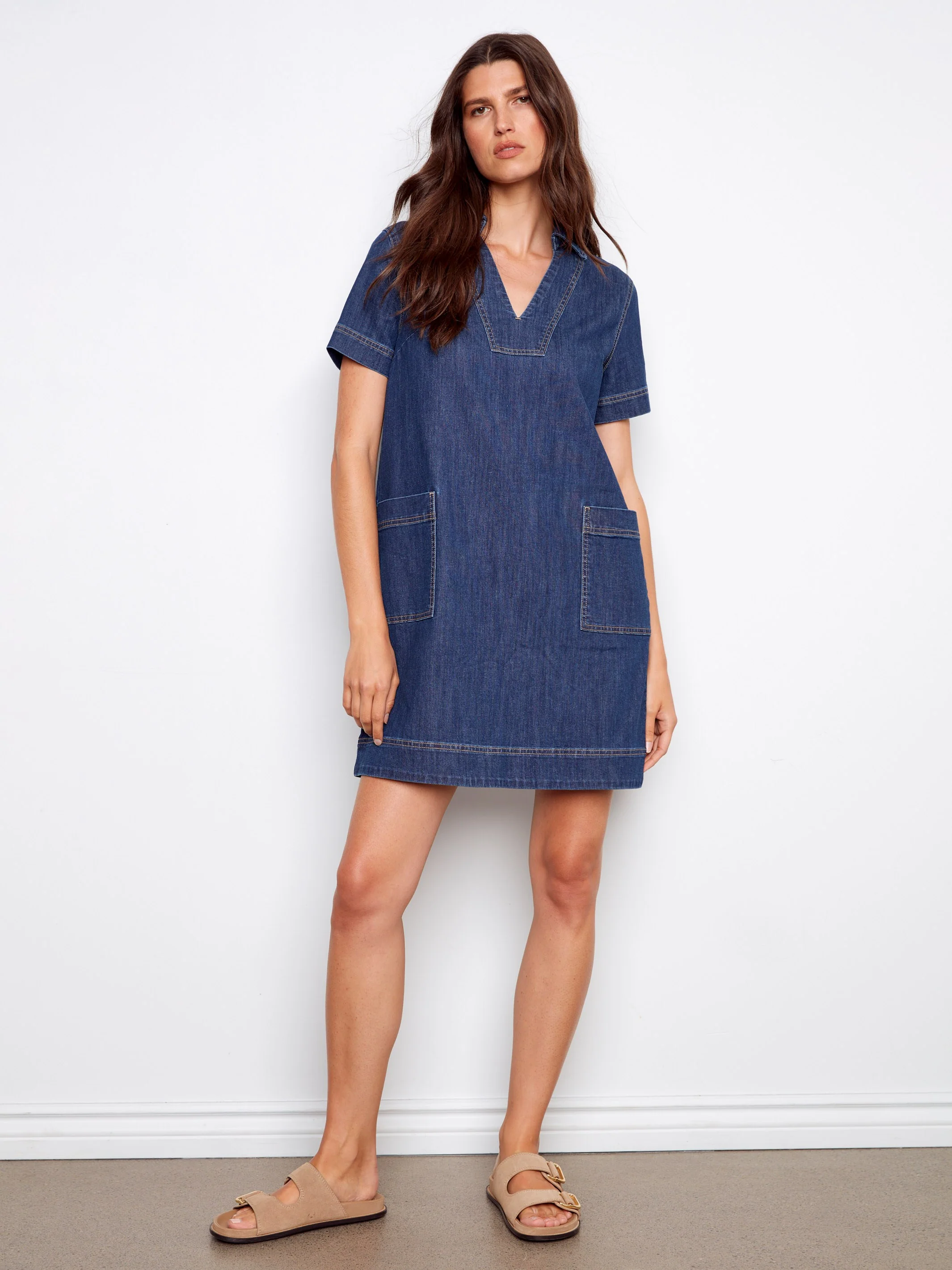 Collared V-Neck Denim Dress - Indigo - Image 4