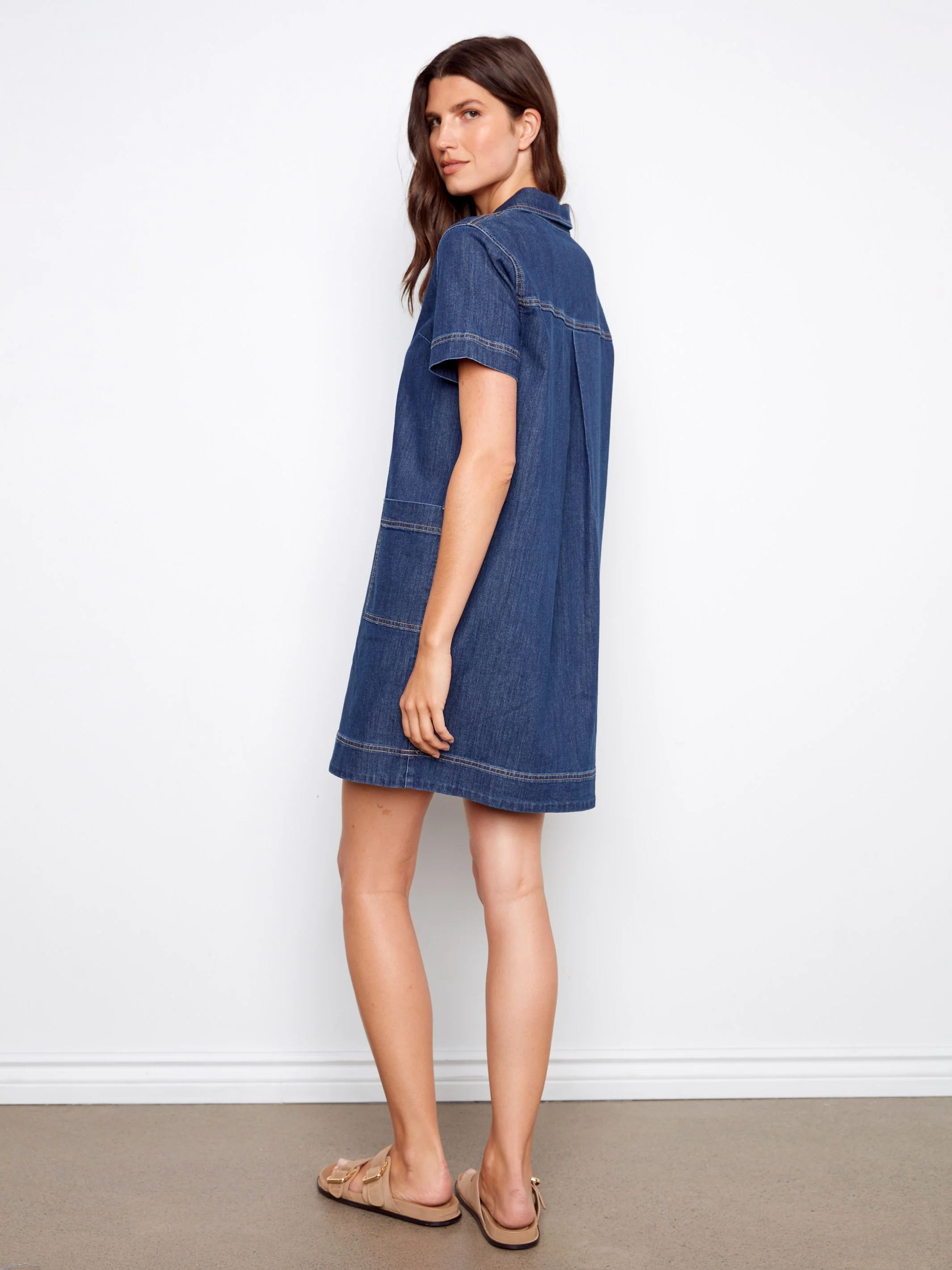 Collared V-Neck Denim Dress - Indigo - Image 5