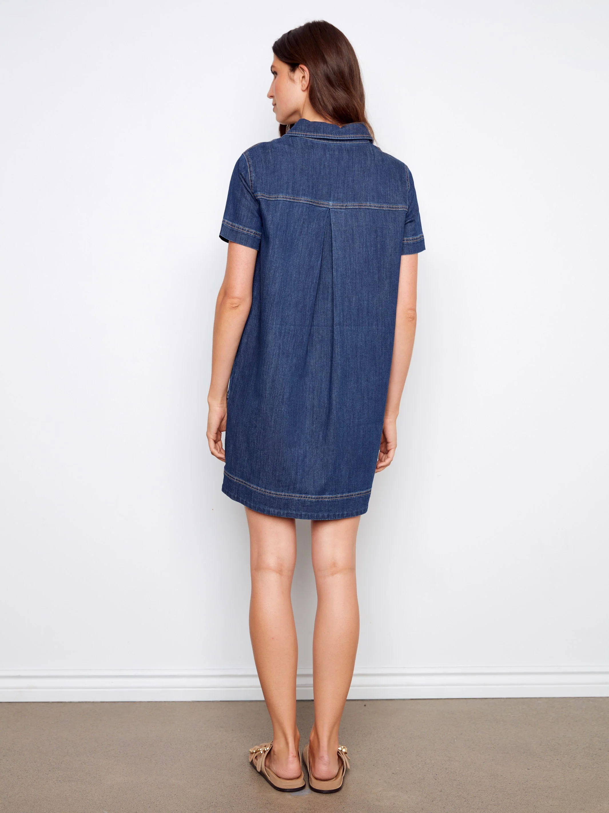 Collared V-Neck Denim Dress - Indigo - Image 6