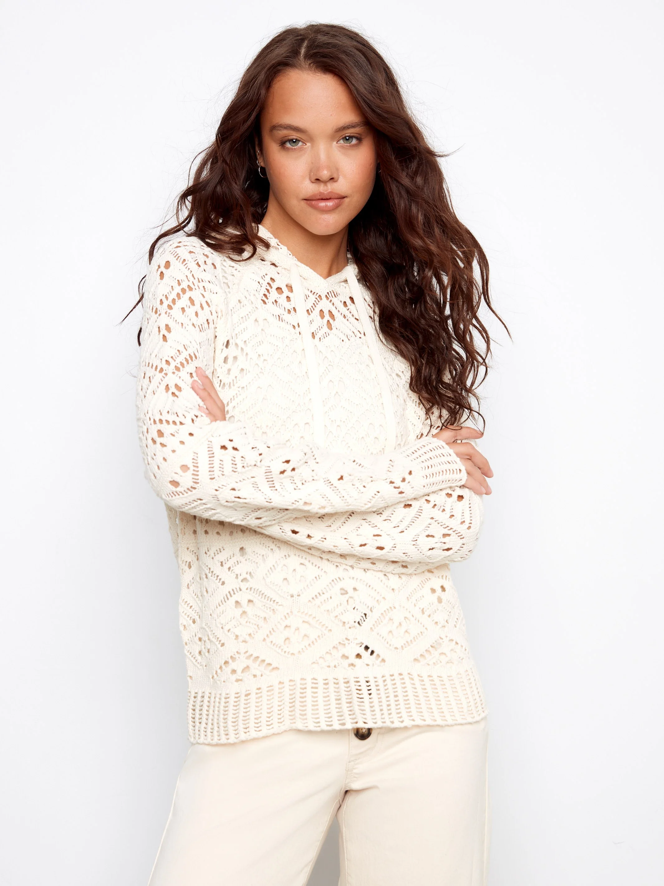 Cotton Crochet Hoodie Sweater - Natural - Image 3