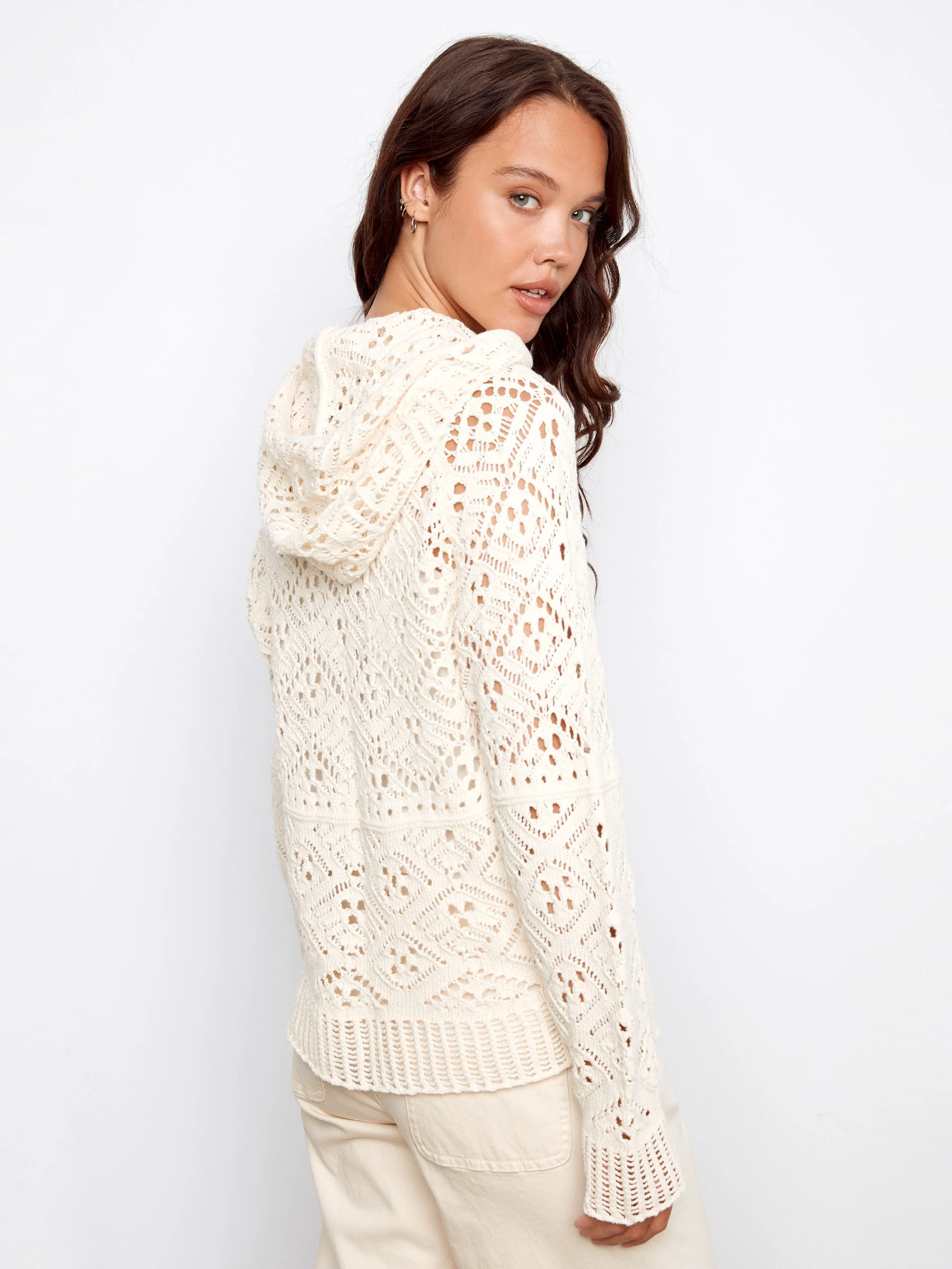 Cotton Crochet Hoodie Sweater - Natural - Image 4