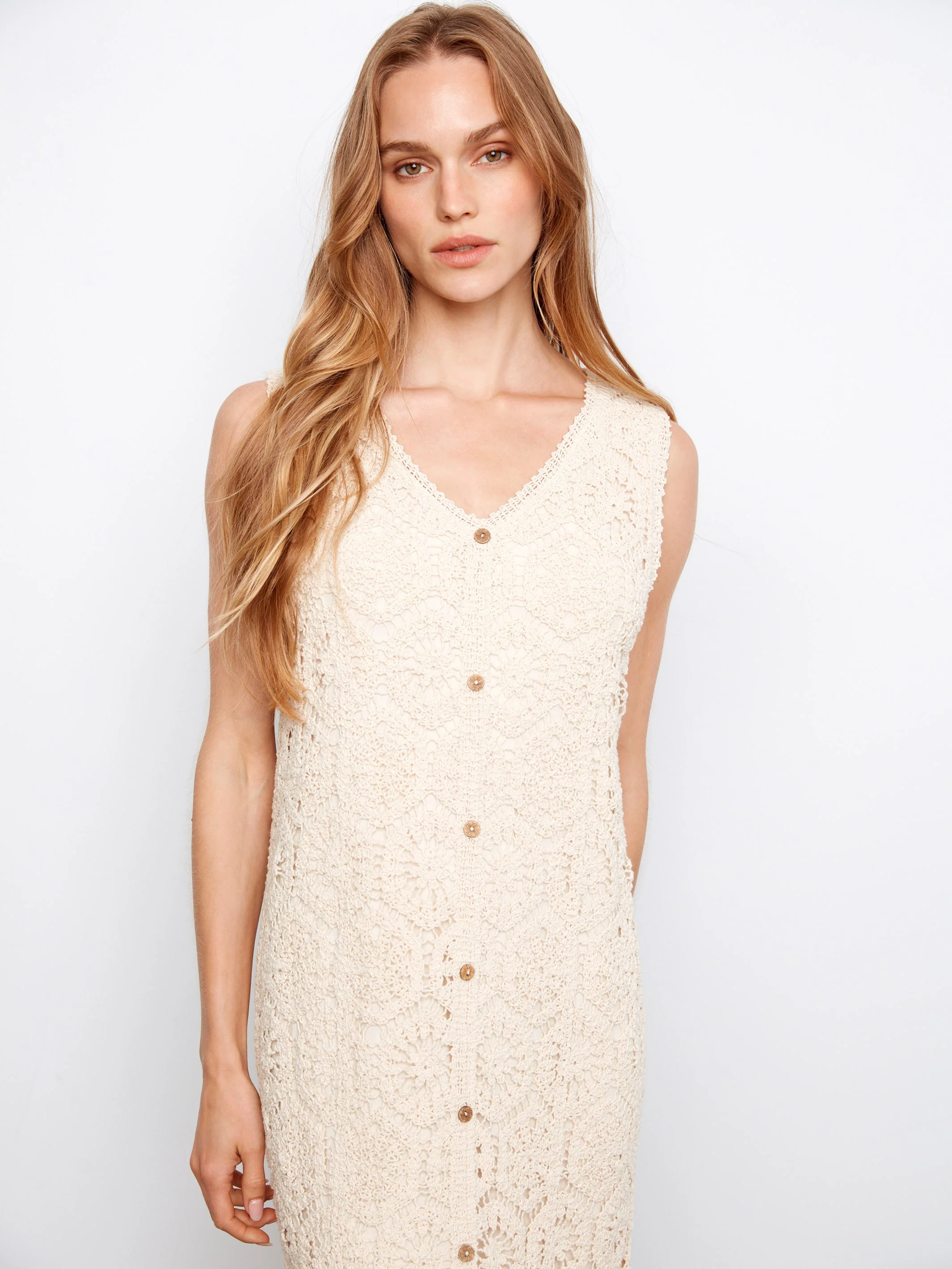 Cotton Crochet Sleeveless Dress - Fog - Image 3
