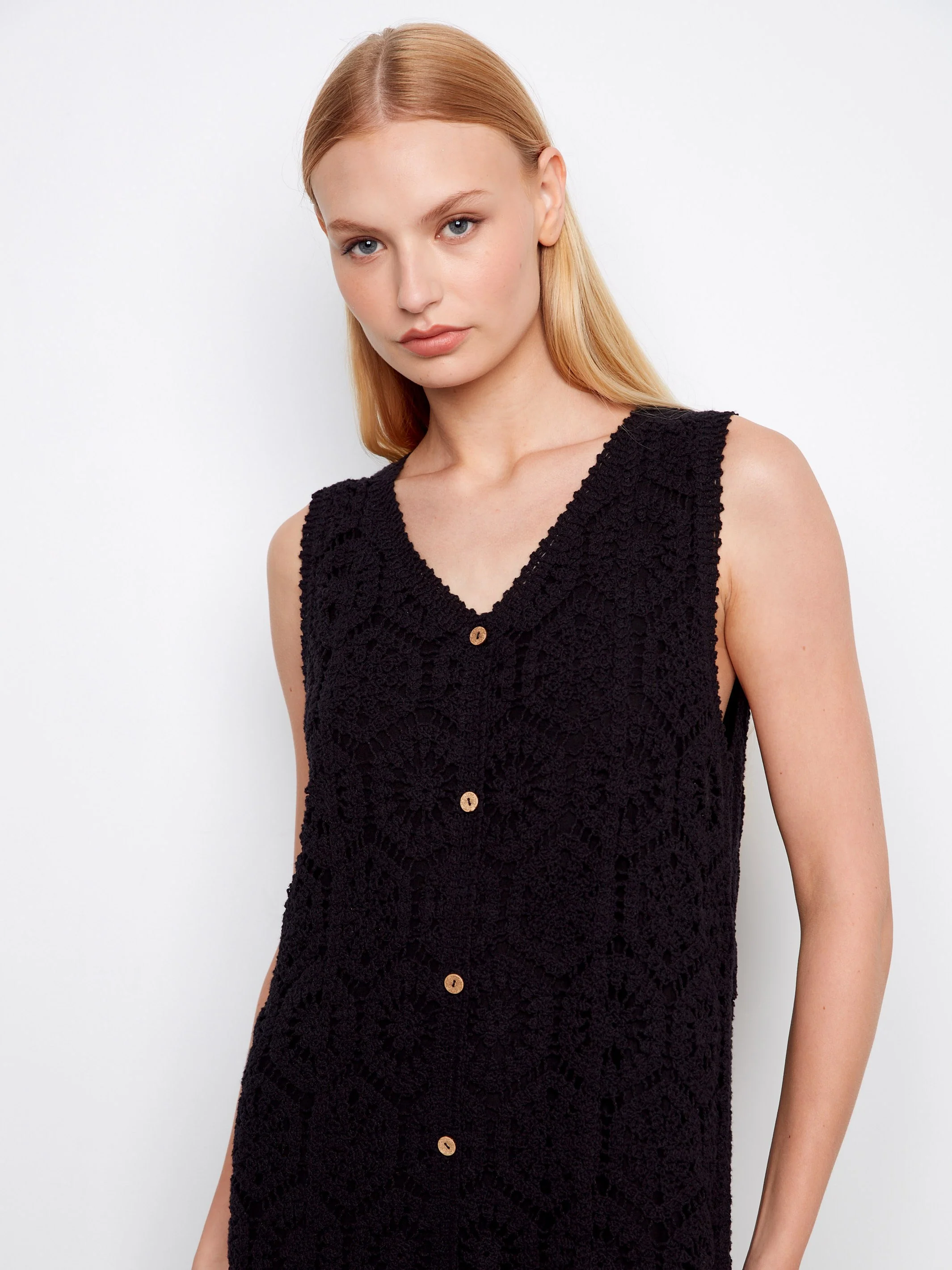 Cotton Crochet Sleeveless Dress - Black - Image 3