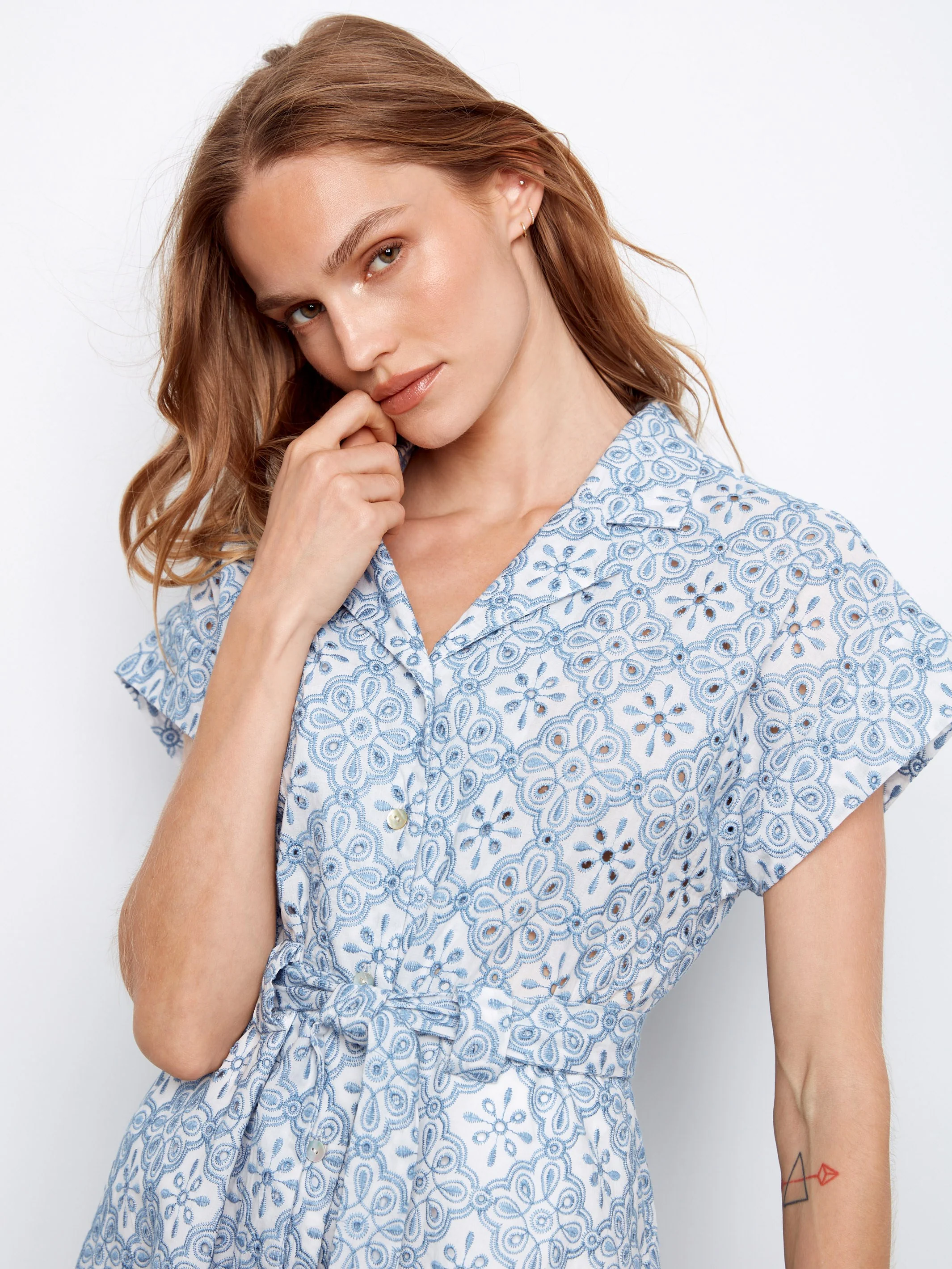 Cotton Short Sleeve Button-Front Dress - White - Image 4