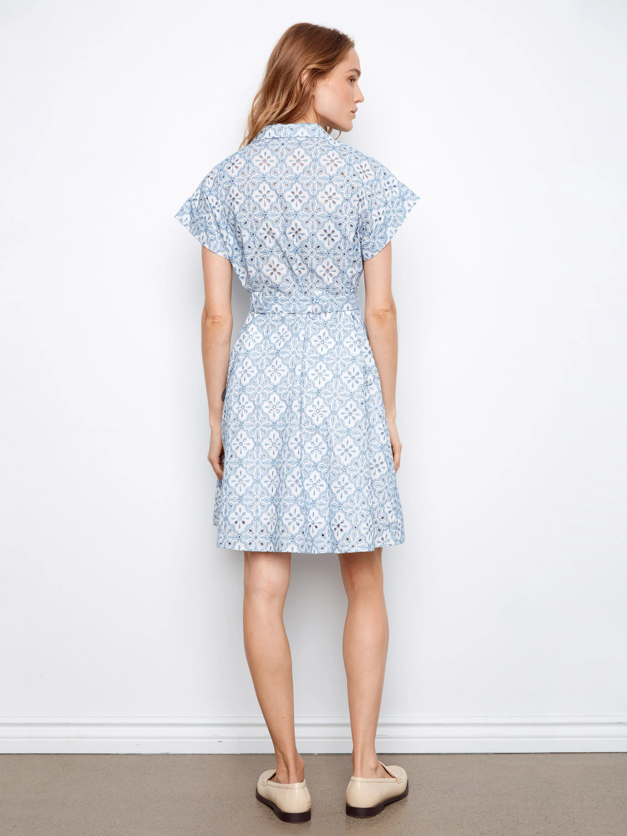 Cotton Short Sleeve Button-Front Dress - White - Image 5