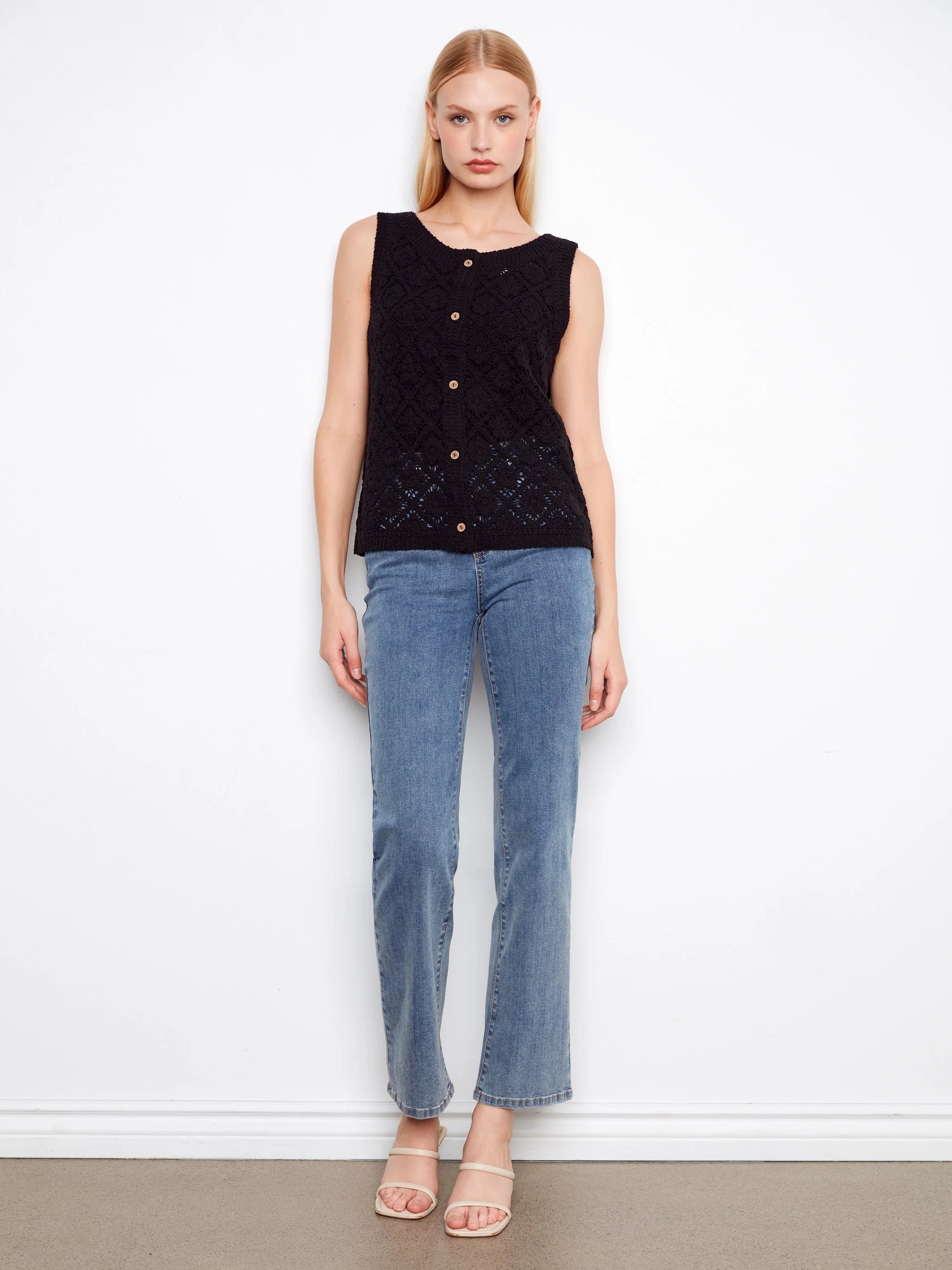 Crochet Cotton Sleeveless Vest - Black - Image 3