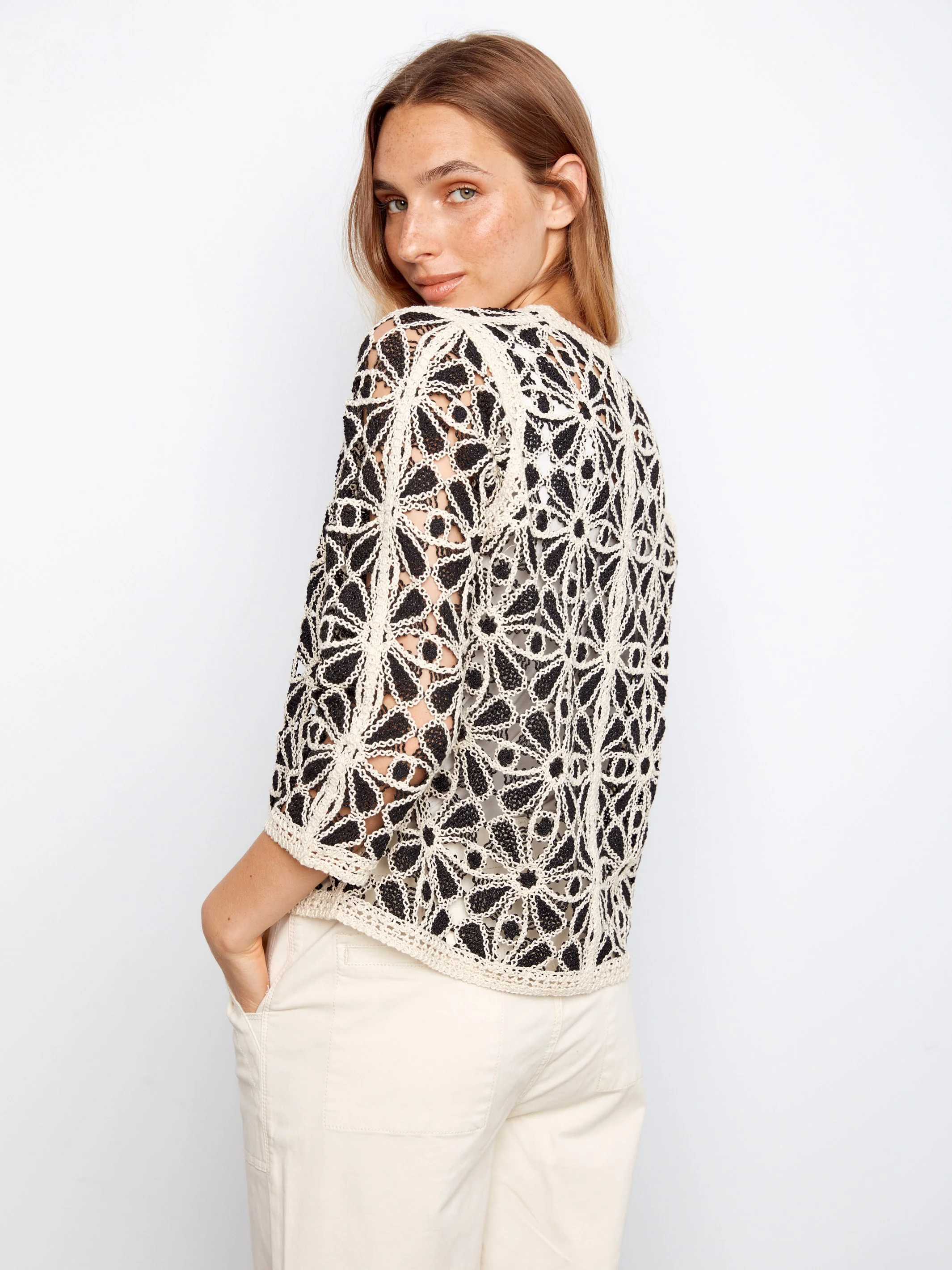 Crochet V-Neck Cardigan - Black - Image 3