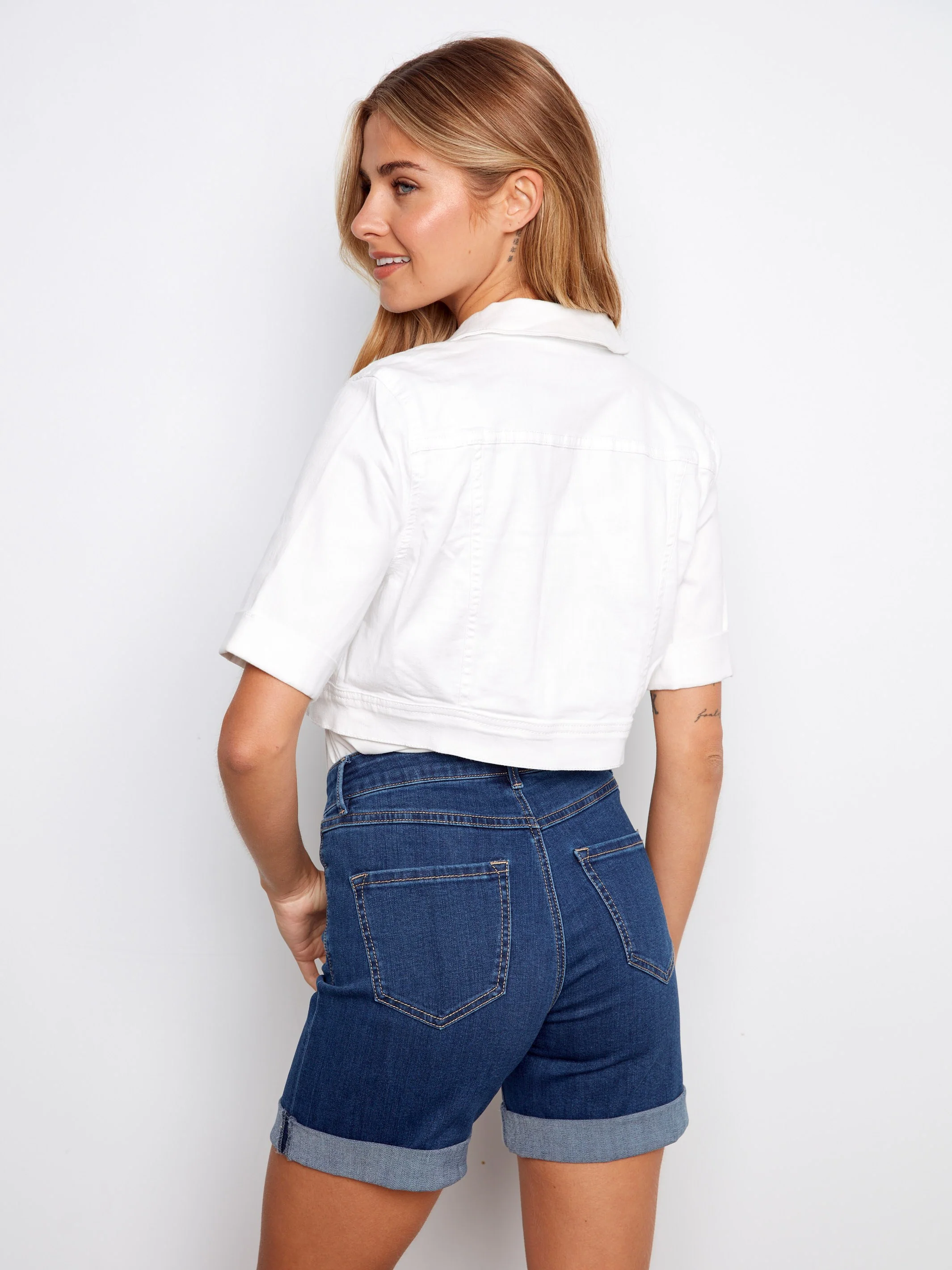 Cropped Denim Jacket - White - Image 3