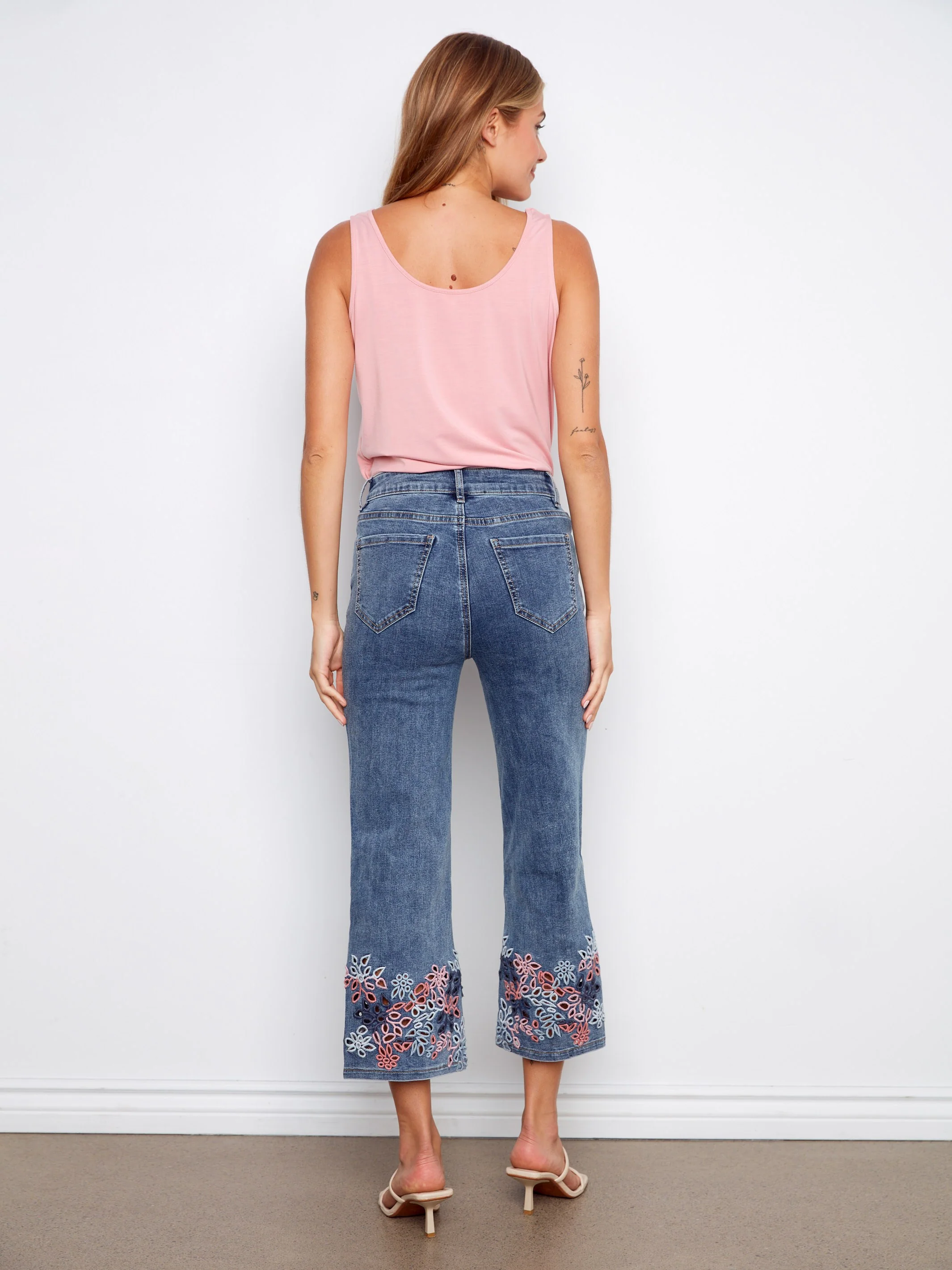 Cropped Flare Jeans With Eyelet Embroidery - Medium Blue - Image 4