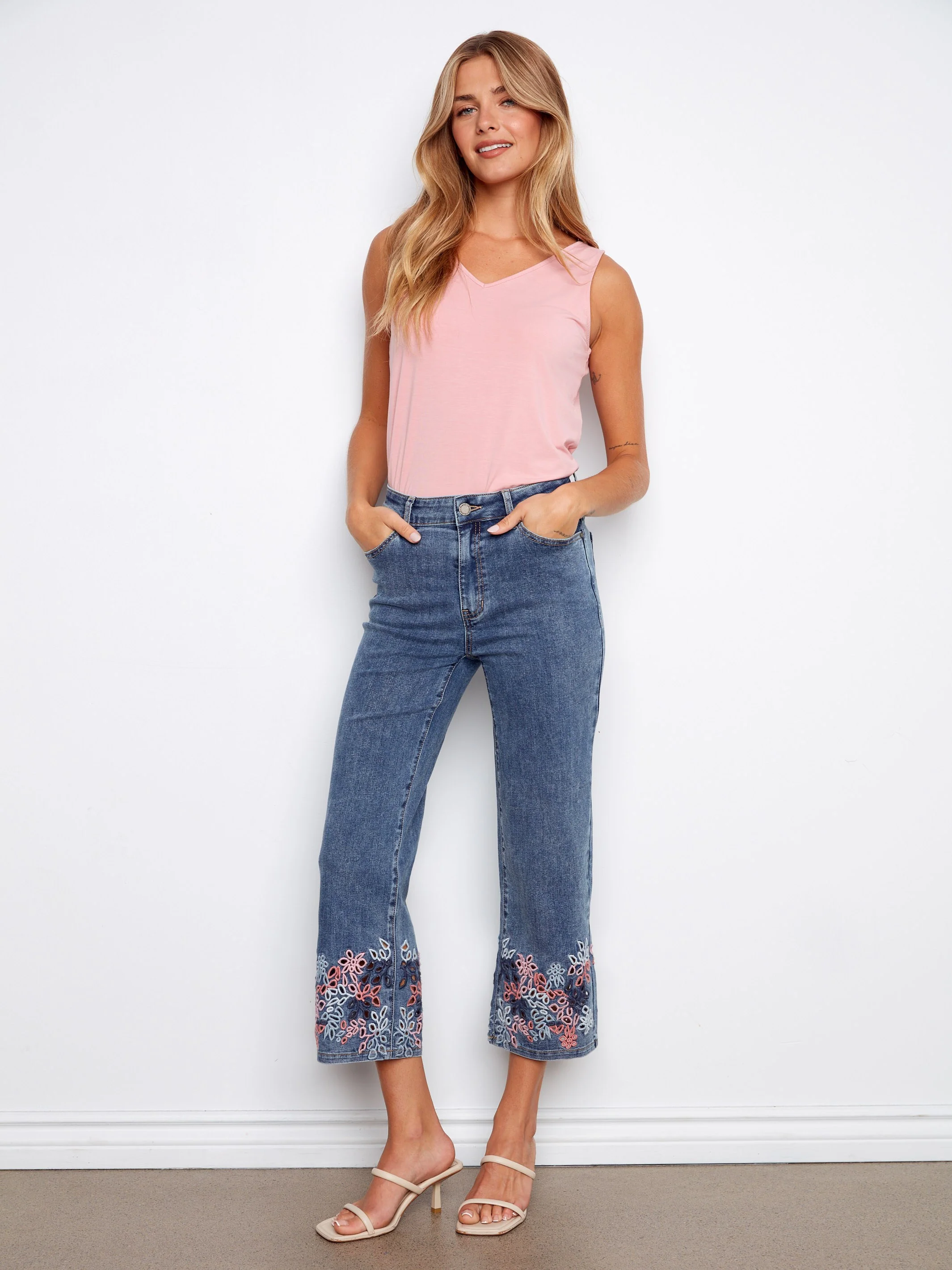 Cropped Flare Jeans With Eyelet Embroidery - Medium Blue - Image 5