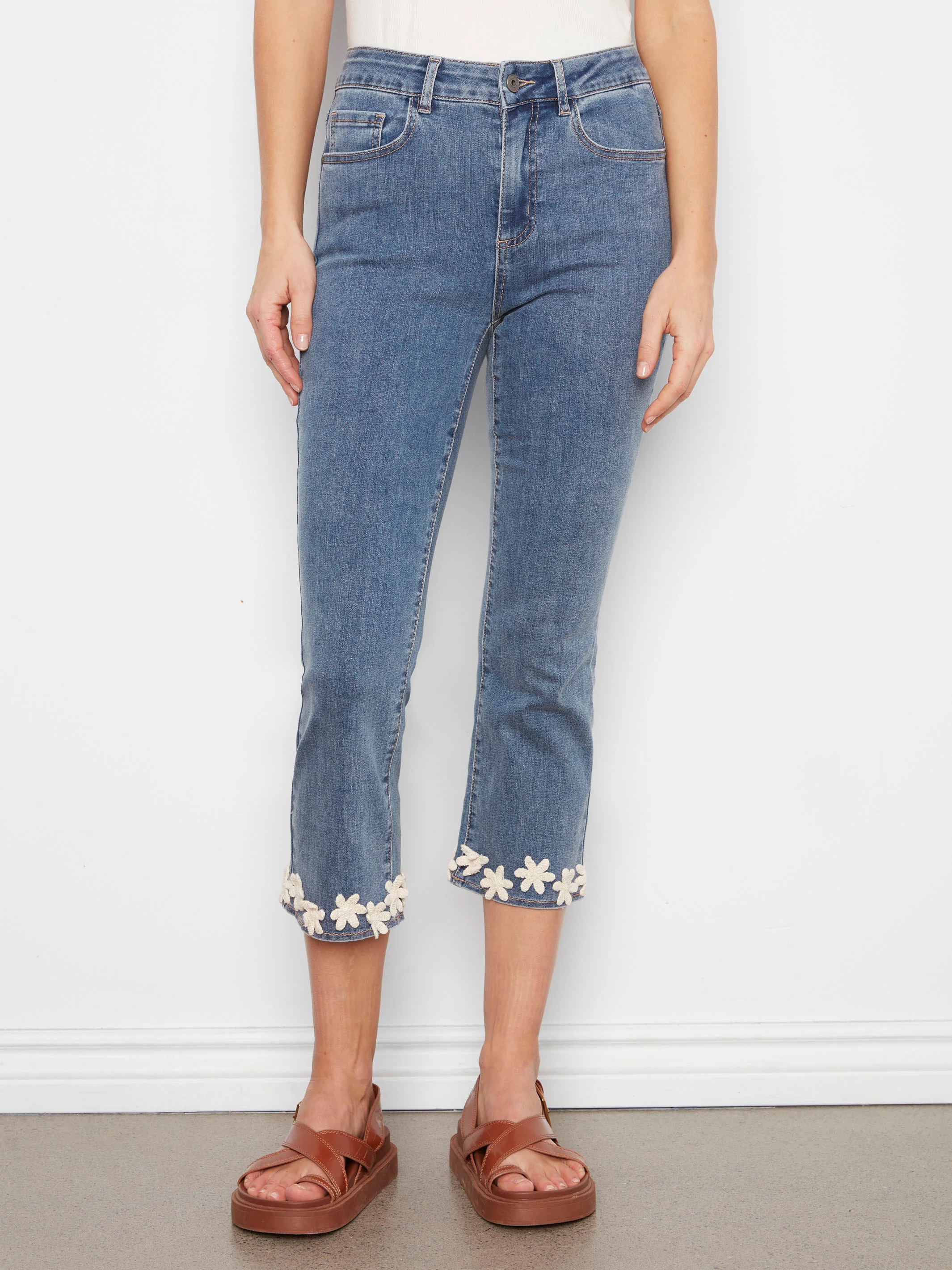 Cropped Flare Jeans With Floral Hem - Medium Blue - Image 2