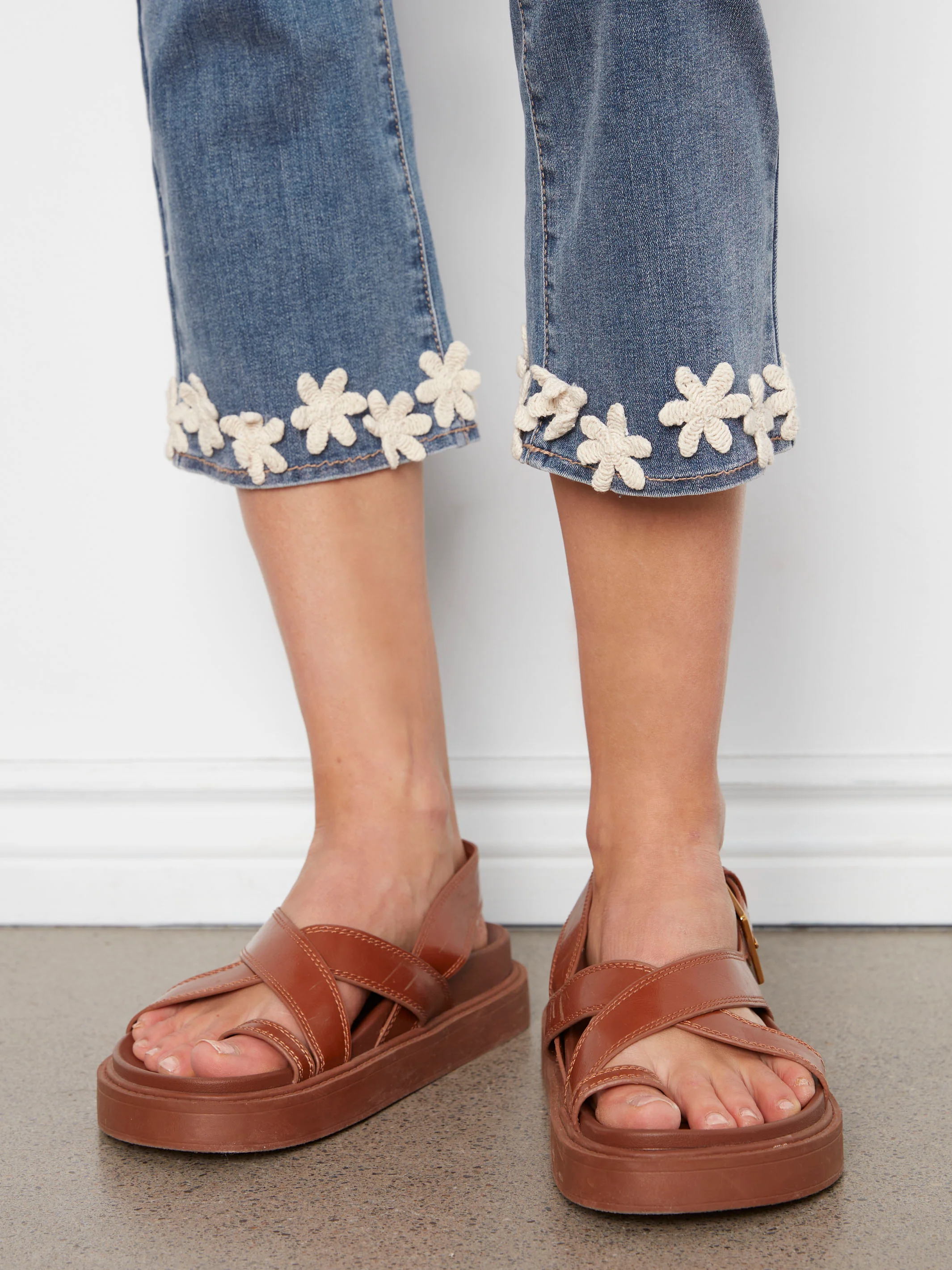 Cropped Flare Jeans With Floral Hem - Medium Blue - Image 3