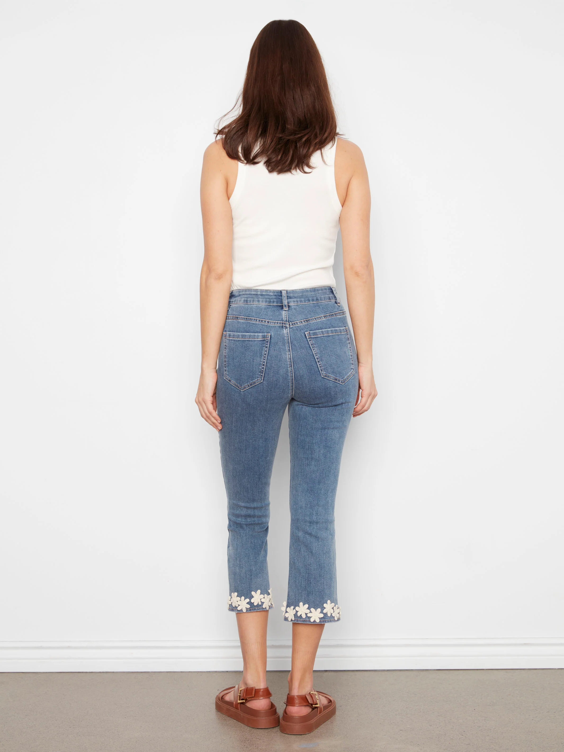 Cropped Flare Jeans With Floral Hem - Medium Blue - Image 5