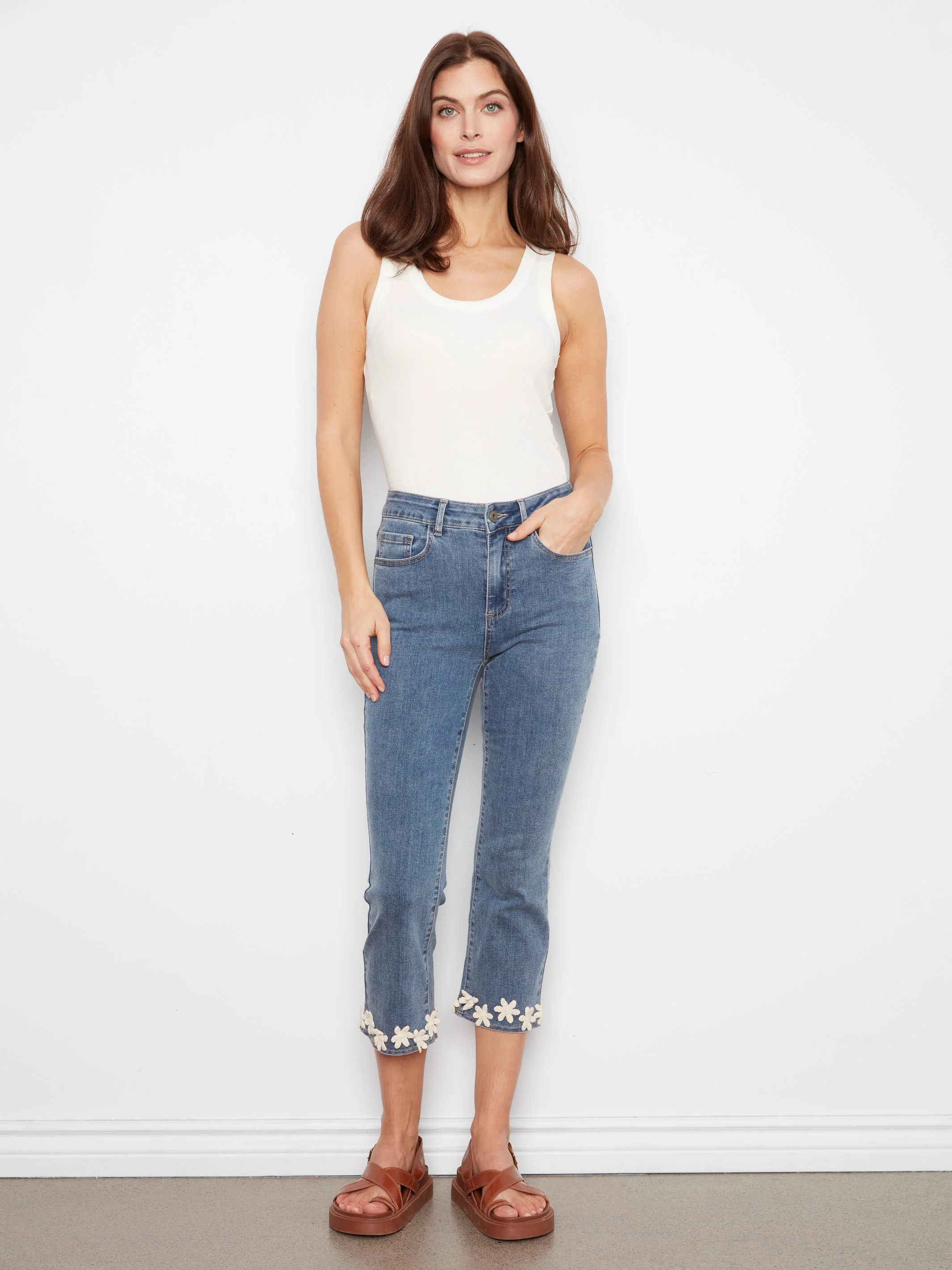 Cropped Flare Jeans With Floral Hem - Medium Blue - Image 6