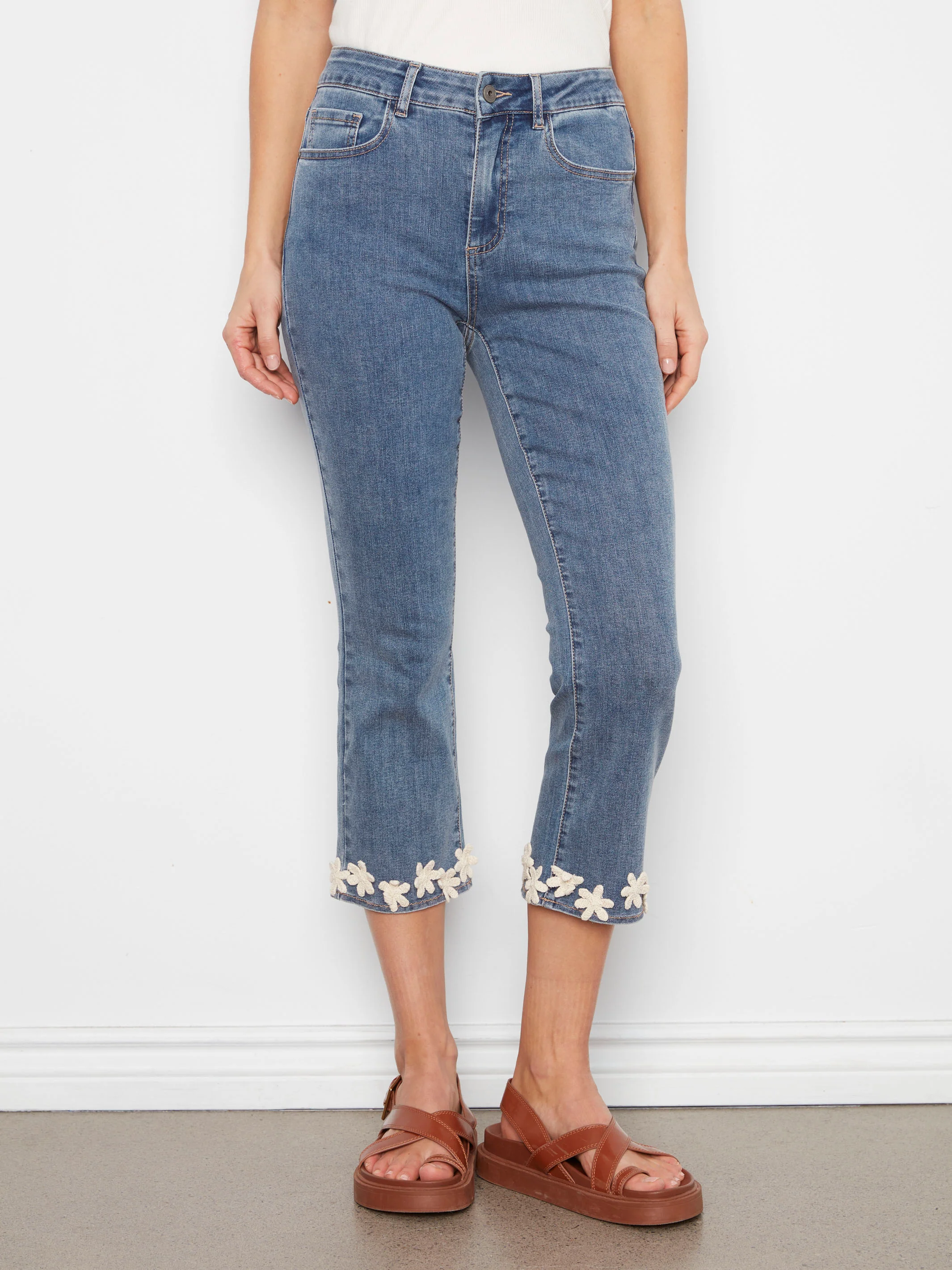 Cropped Flare Jeans With Floral Hem - Medium Blue - Image 7