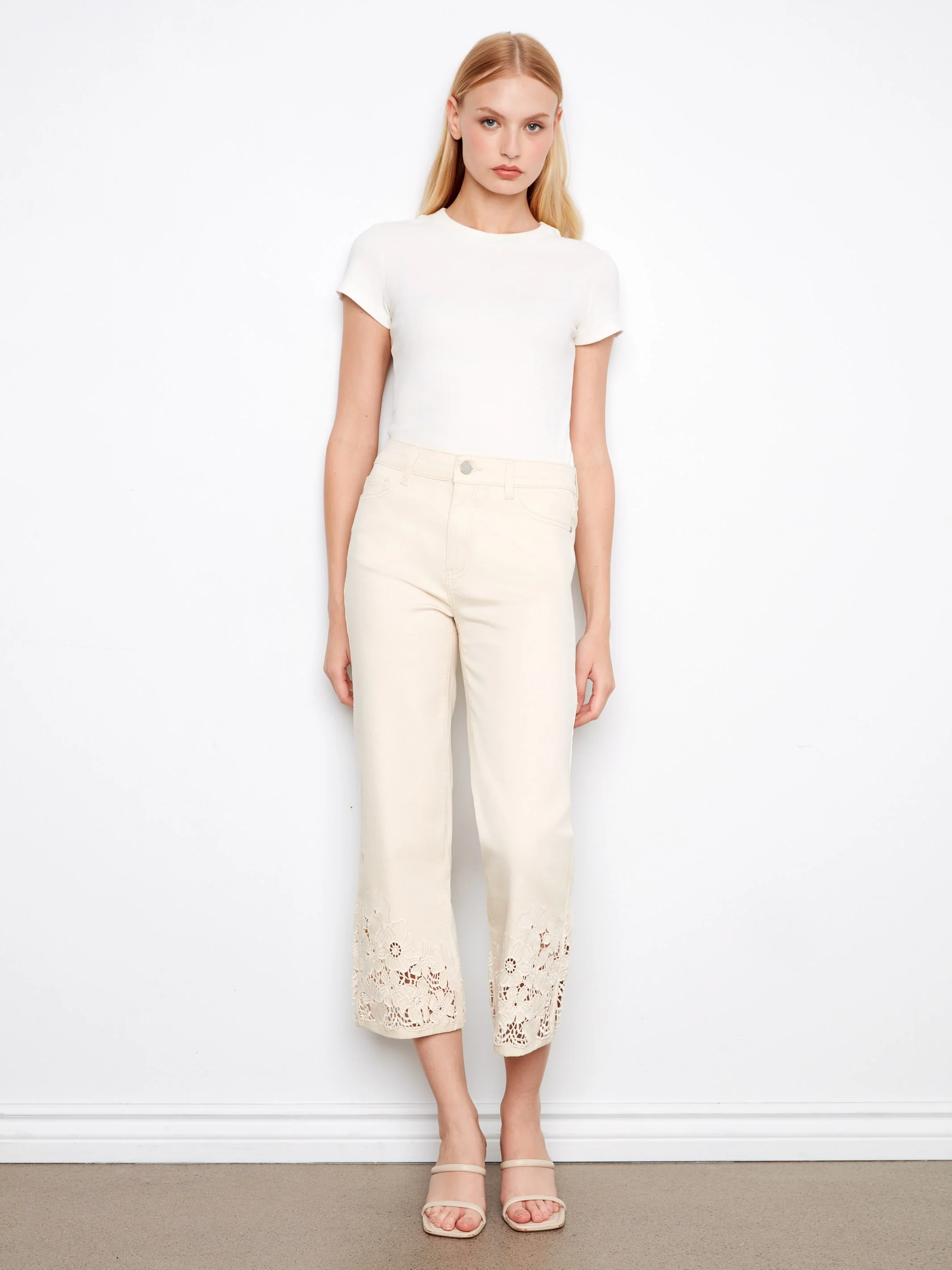 Cropped Flare Twill Jeans With Floral Lace Hem - Natural - Image 2