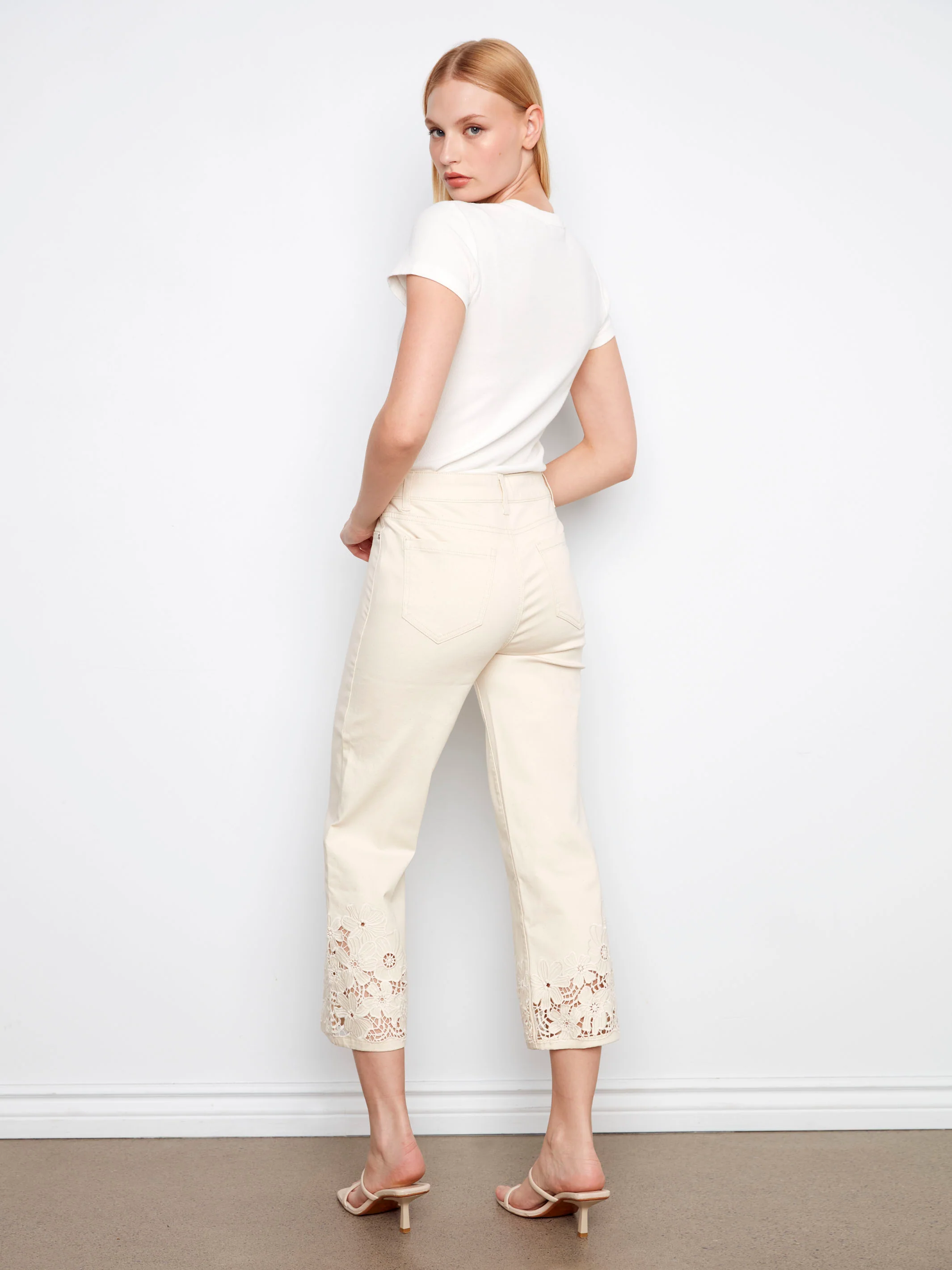 Cropped Flare Twill Jeans With Floral Lace Hem - Natural - Image 7