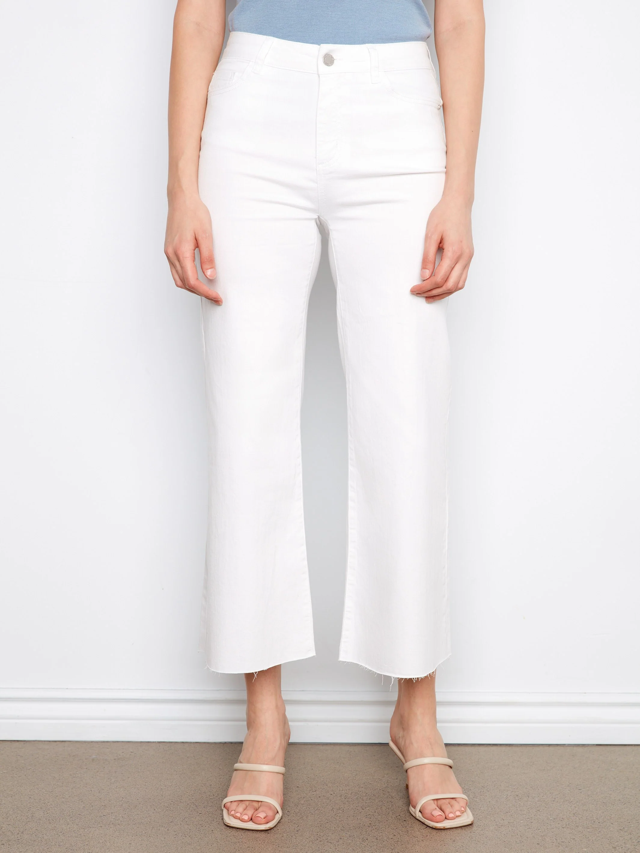Cropped Flare Twill Pants With Raw Hem - White - Image 2