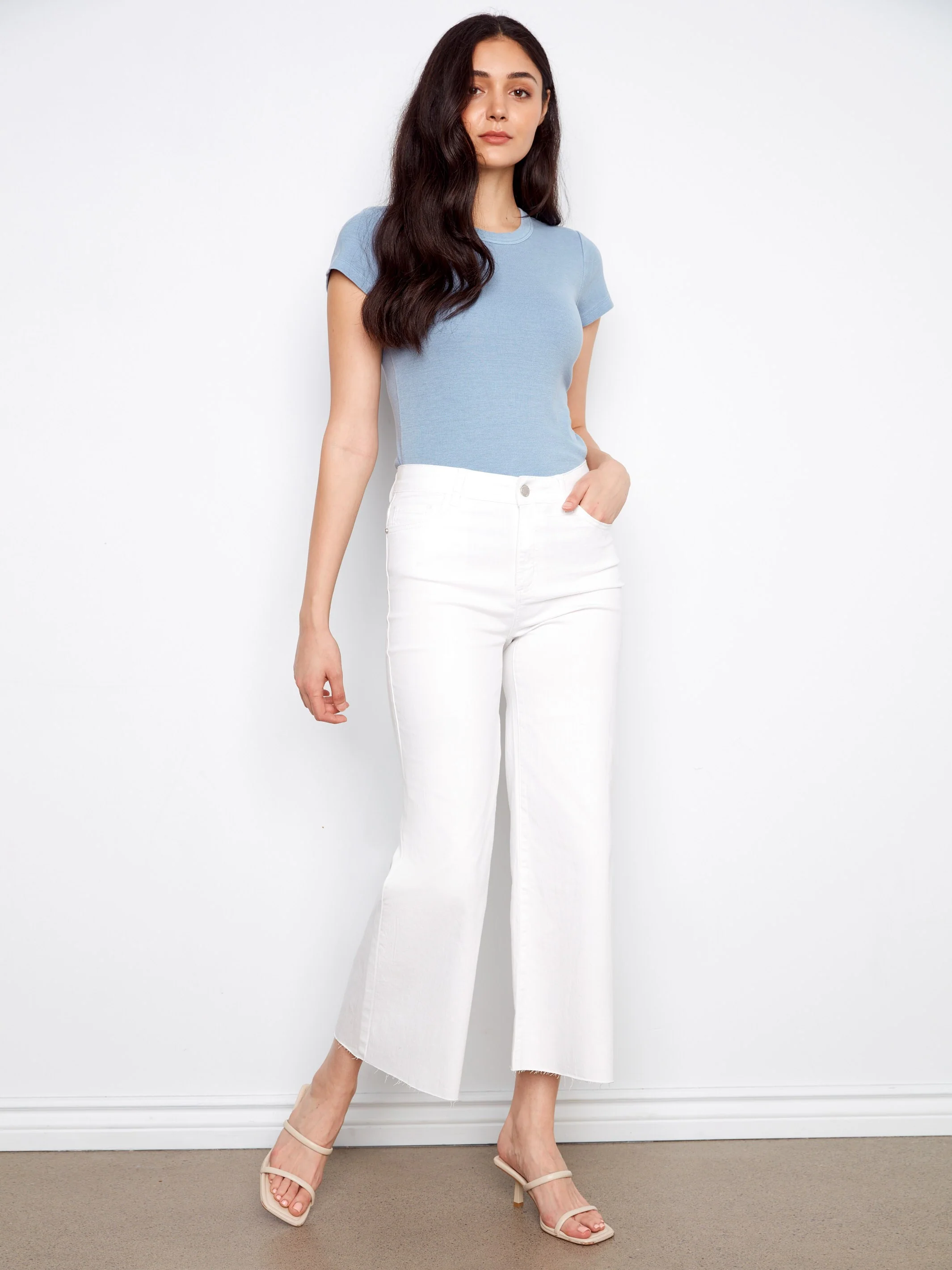 Cropped Flare Twill Pants With Raw Hem - White - Image 5