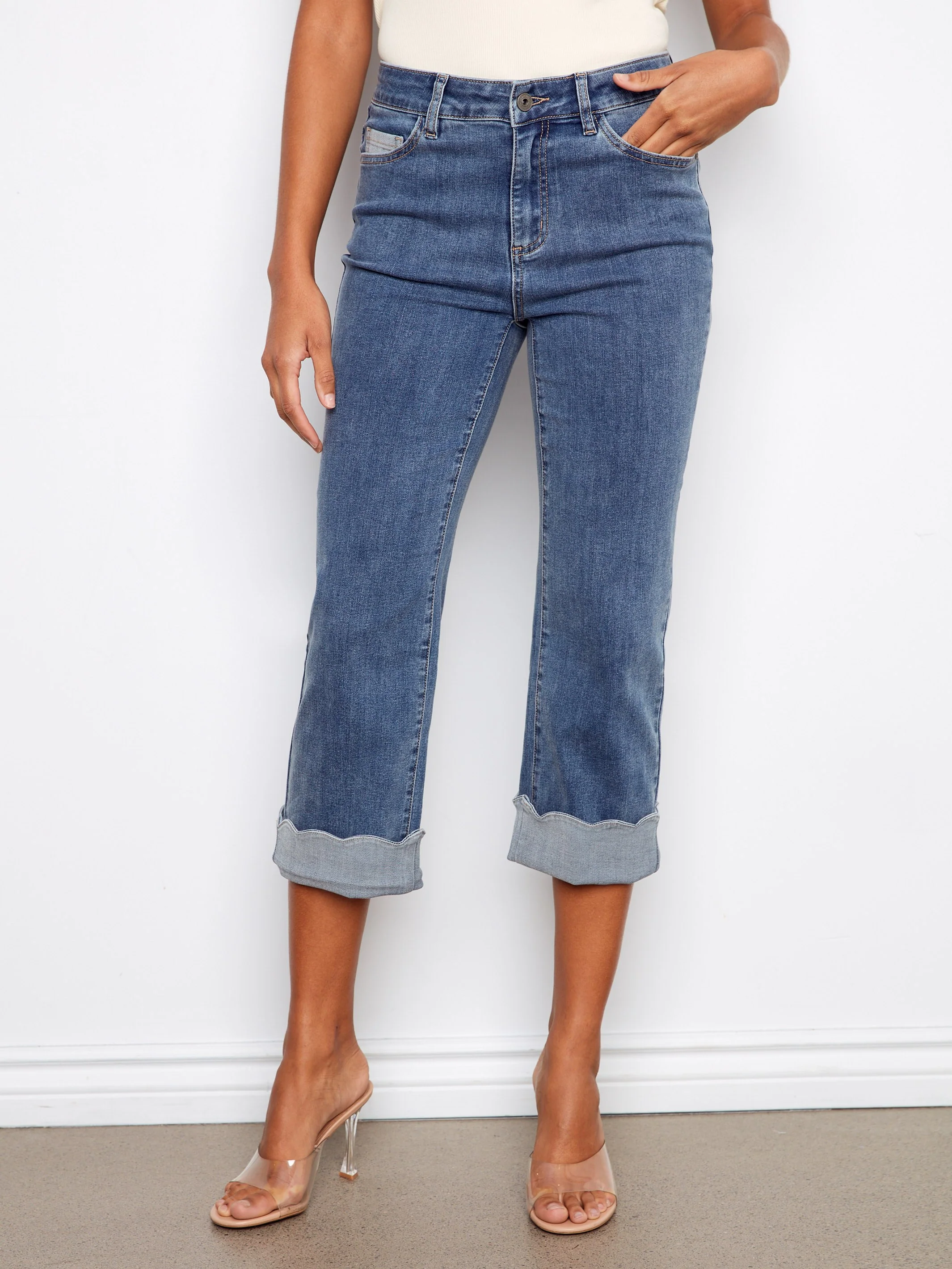 Cropped Jeans With Contrast Scallop Cuff - Medium Blue - Image 2