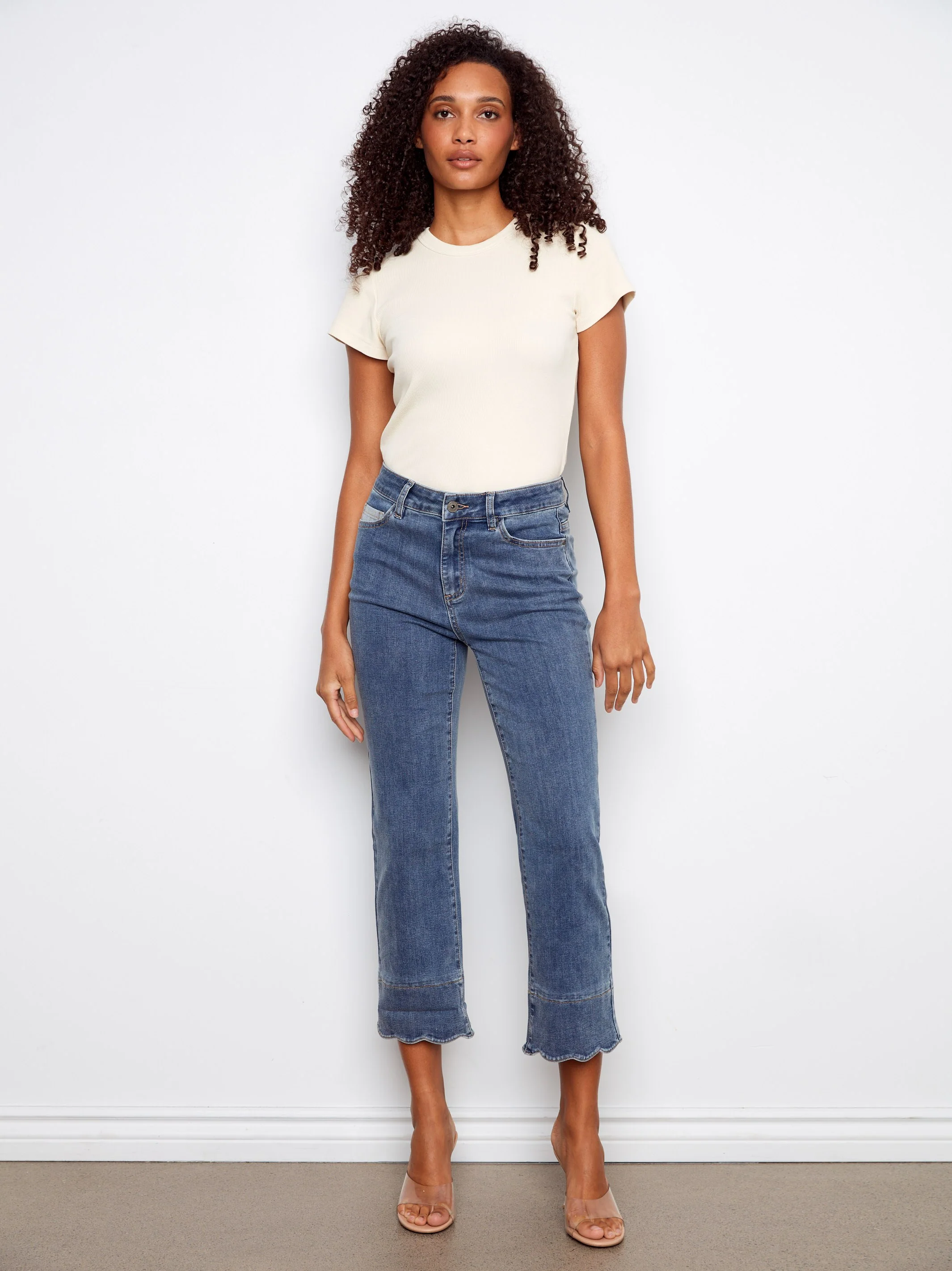 Cropped Jeans With Contrast Scallop Cuff - Medium Blue - Image 3