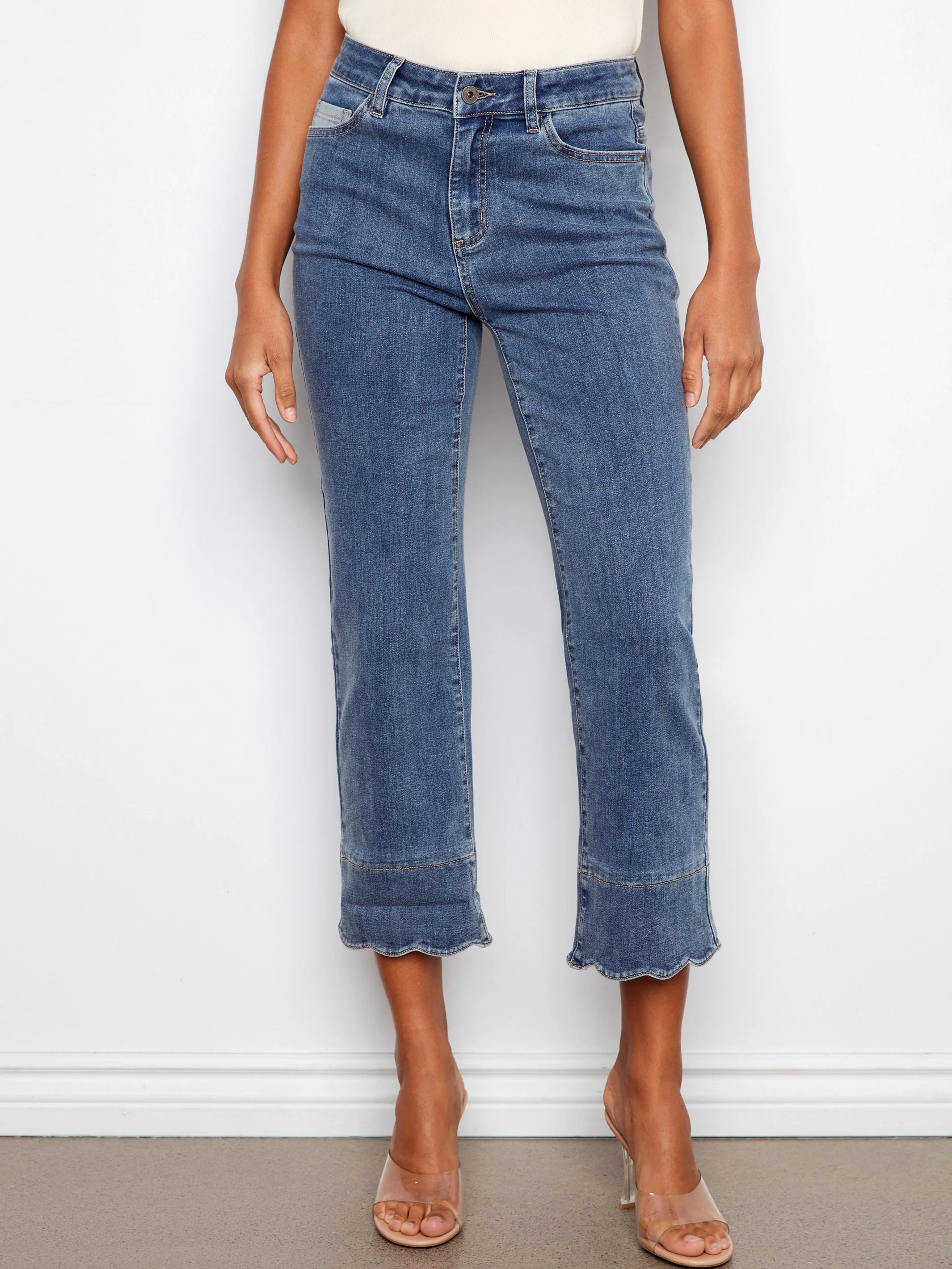 Cropped Jeans With Contrast Scallop Cuff - Medium Blue - Image 4
