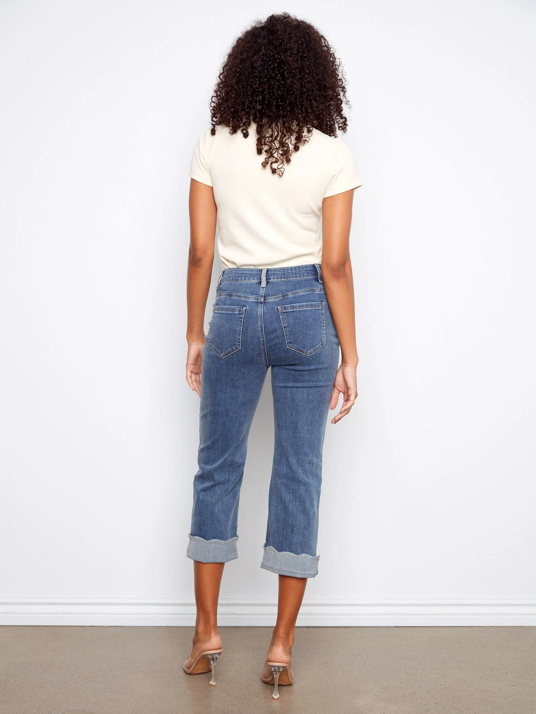 Cropped Jeans With Contrast Scallop Cuff - Medium Blue - Image 7