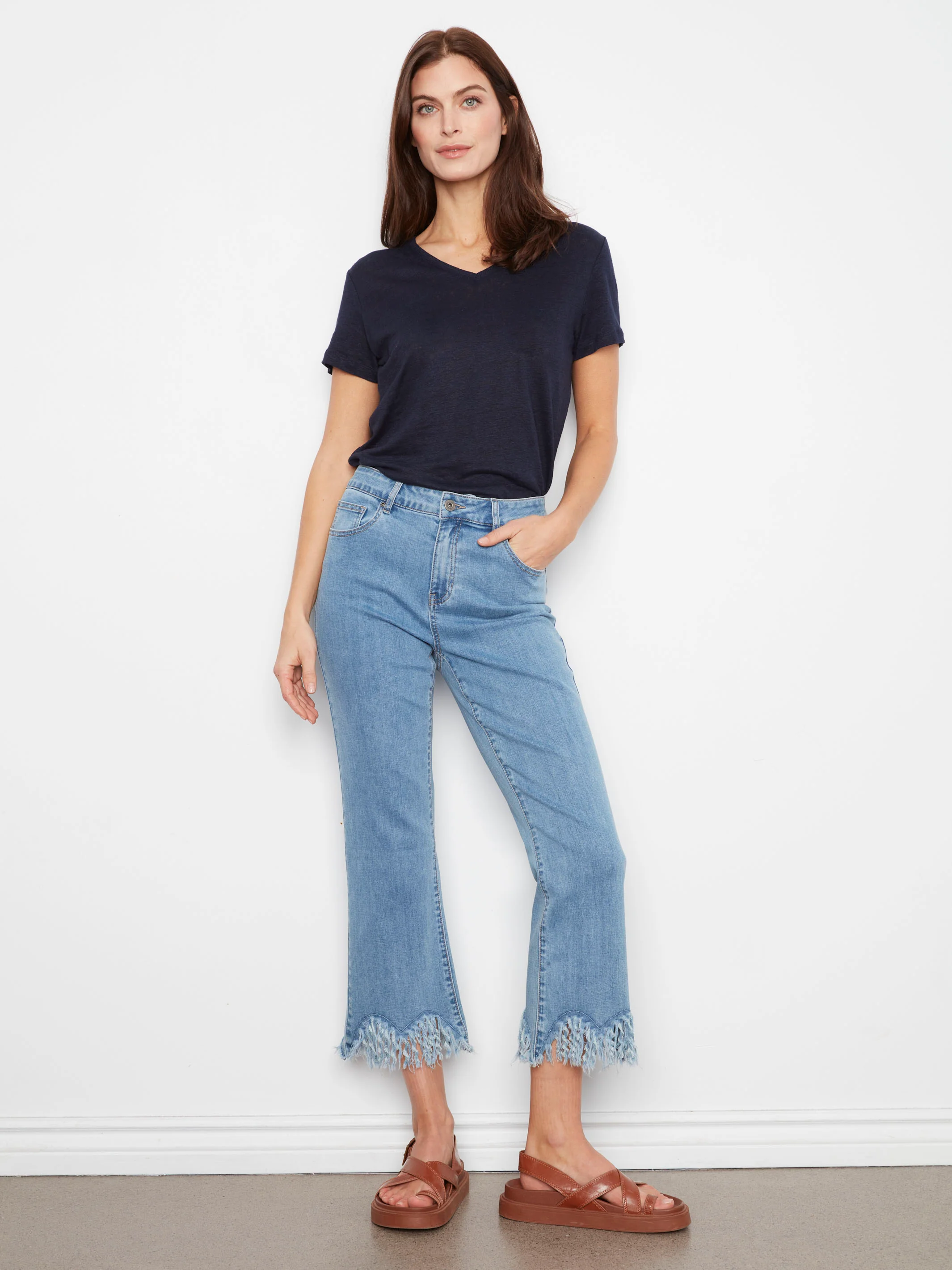 Cropped Jeans With Fringed Hem - Blue Jean