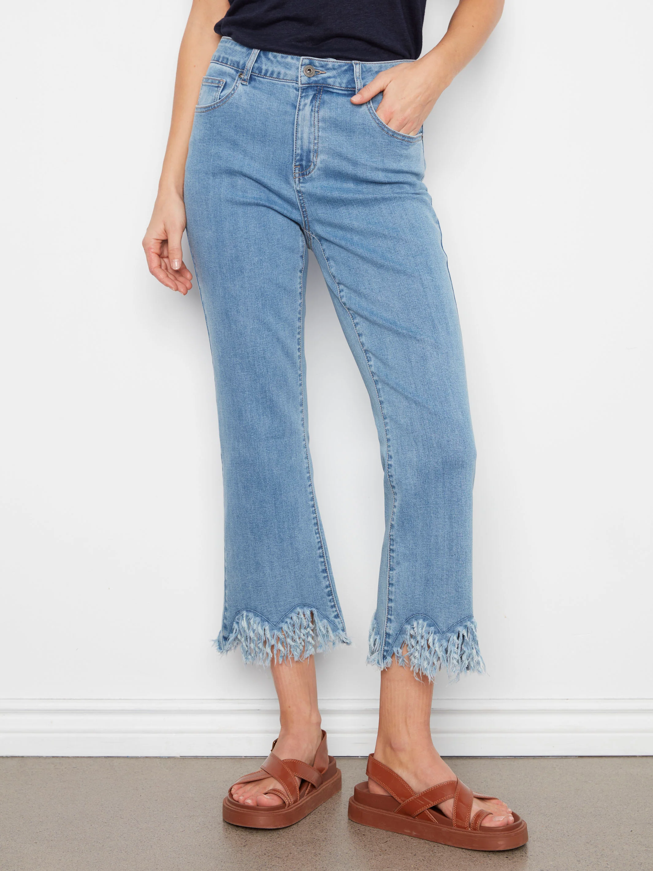 Cropped Jeans With Fringed Hem - Blue Jean - Image 2