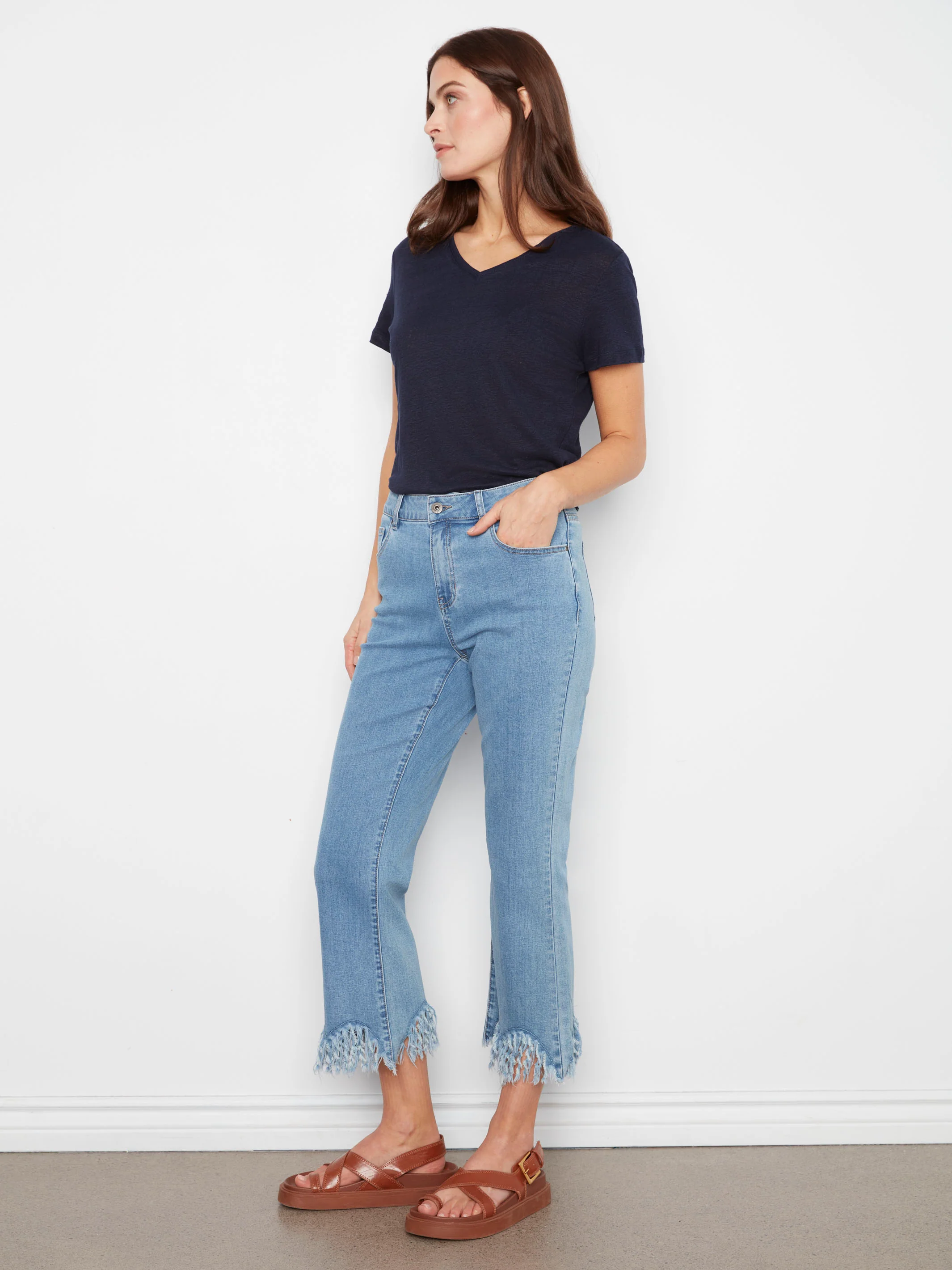 Cropped Jeans With Fringed Hem - Blue Jean - Image 3