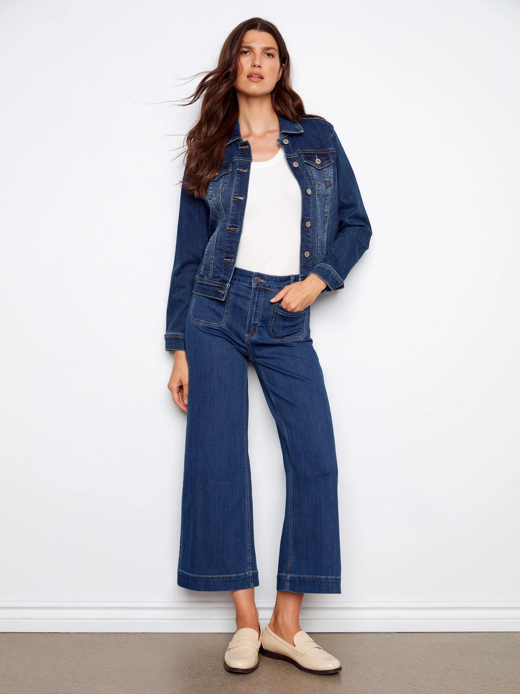 Cropped Patch Pocket Flare Jeans - Indigo - Image 7