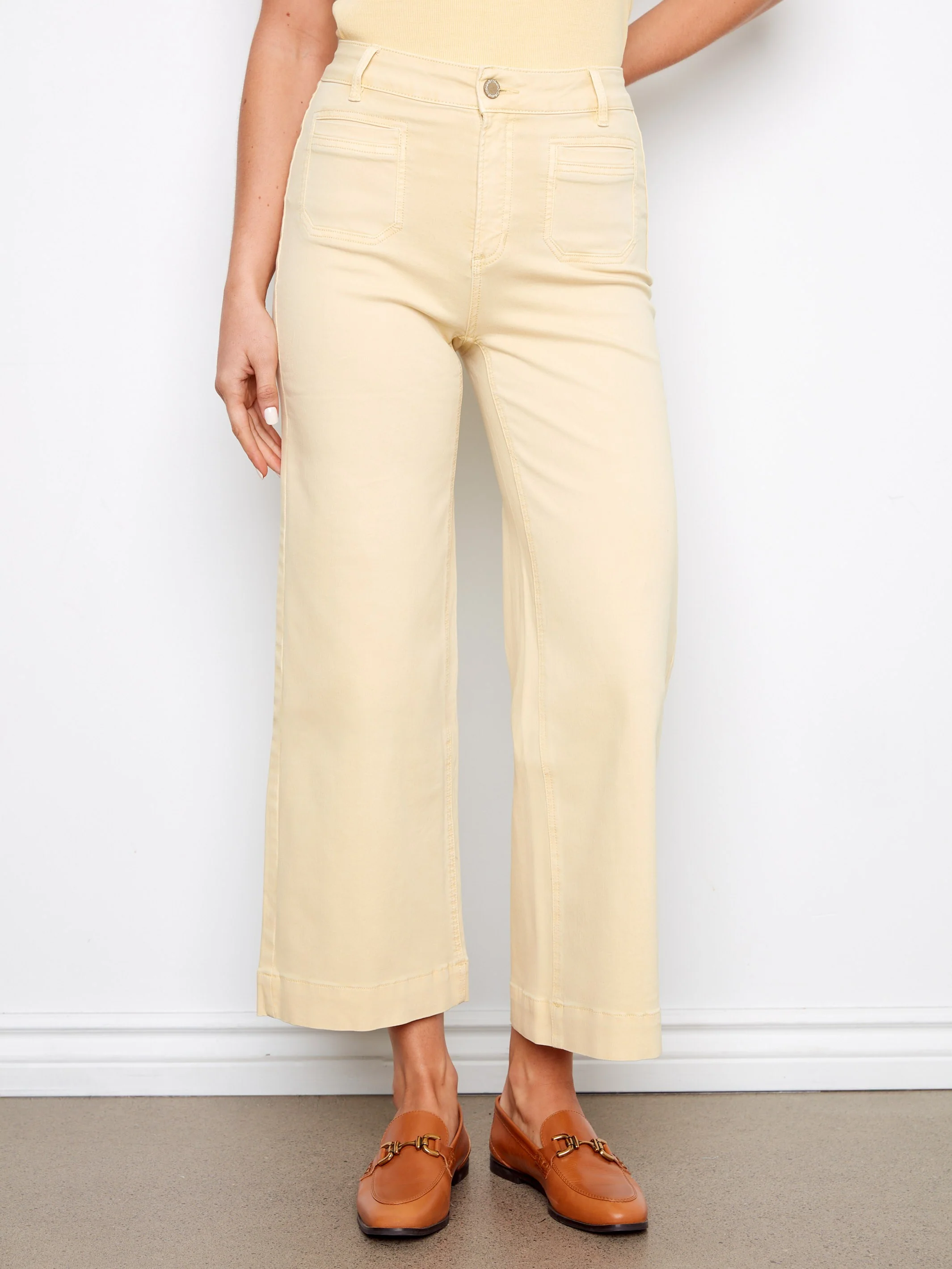 Cropped Patch Pocket Flare Twill Pants - Butter - Image 2