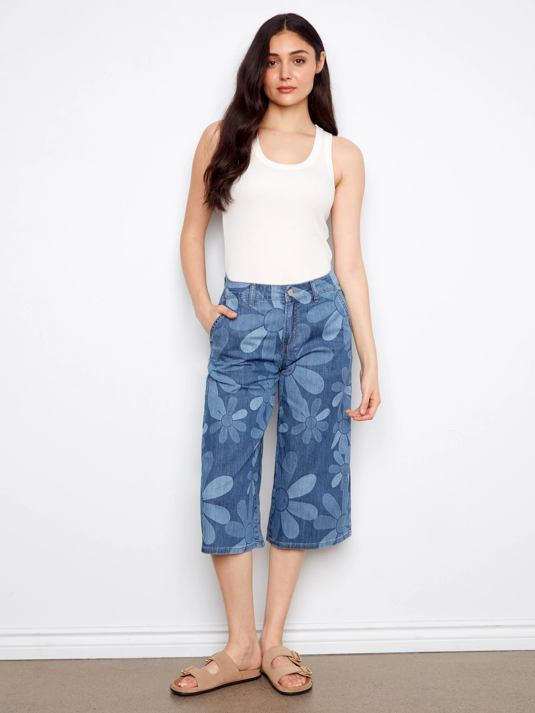 Cropped Printed Palazzo Jeans - Floral