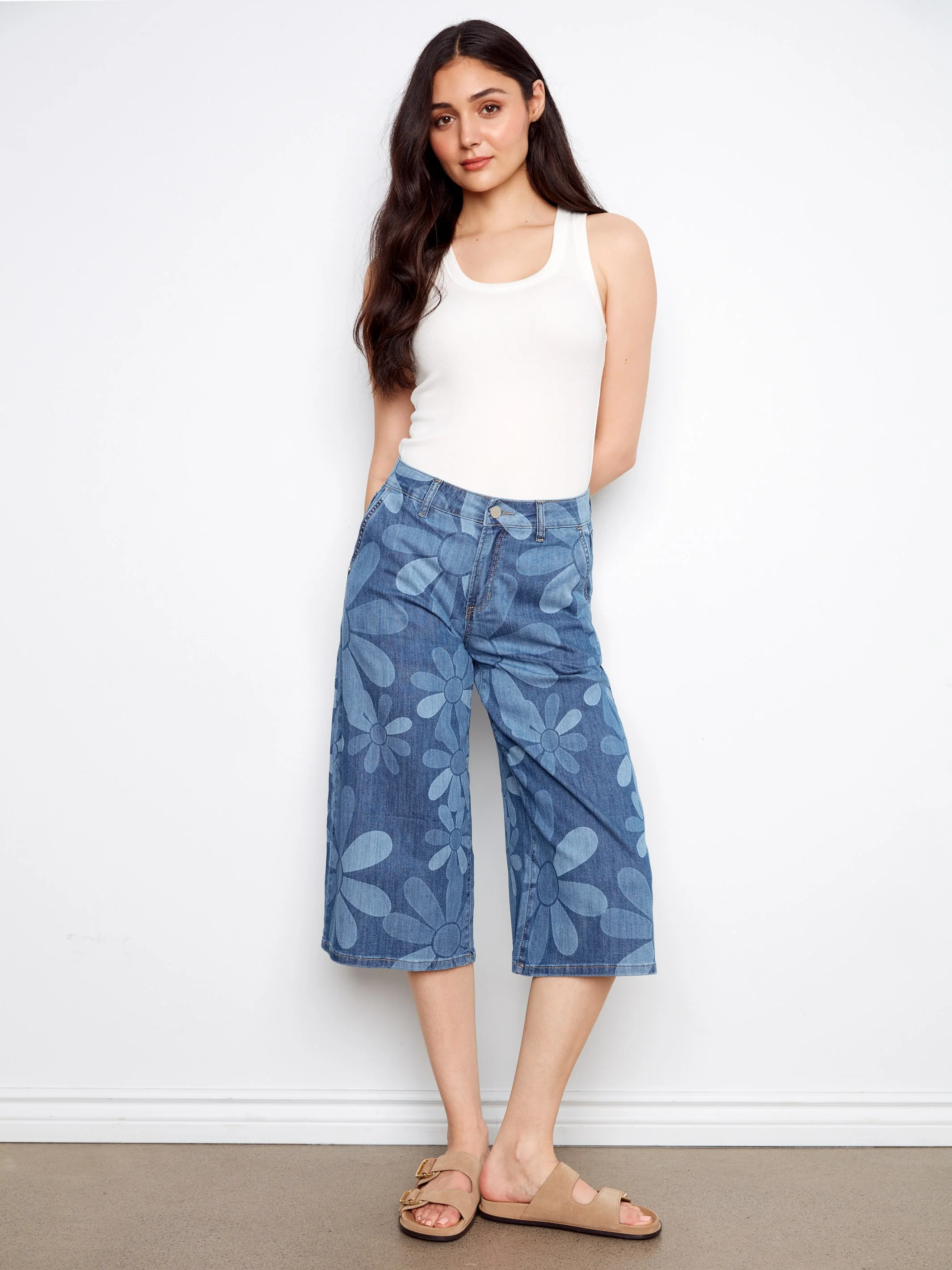 Cropped Printed Palazzo Jeans - Floral - Image 3