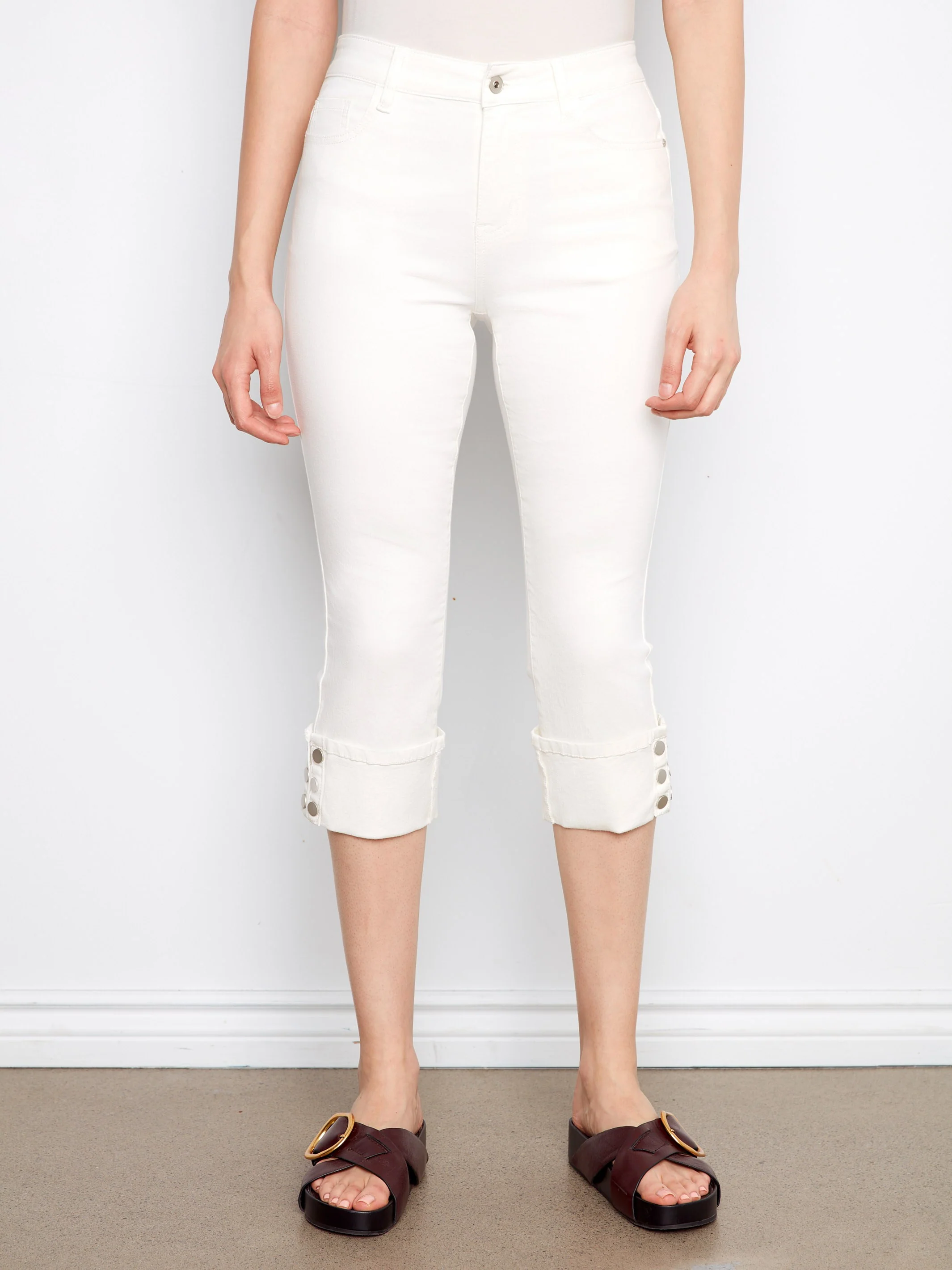 Cropped Twill Jeans With Snap Button Cuff - White - Image 2