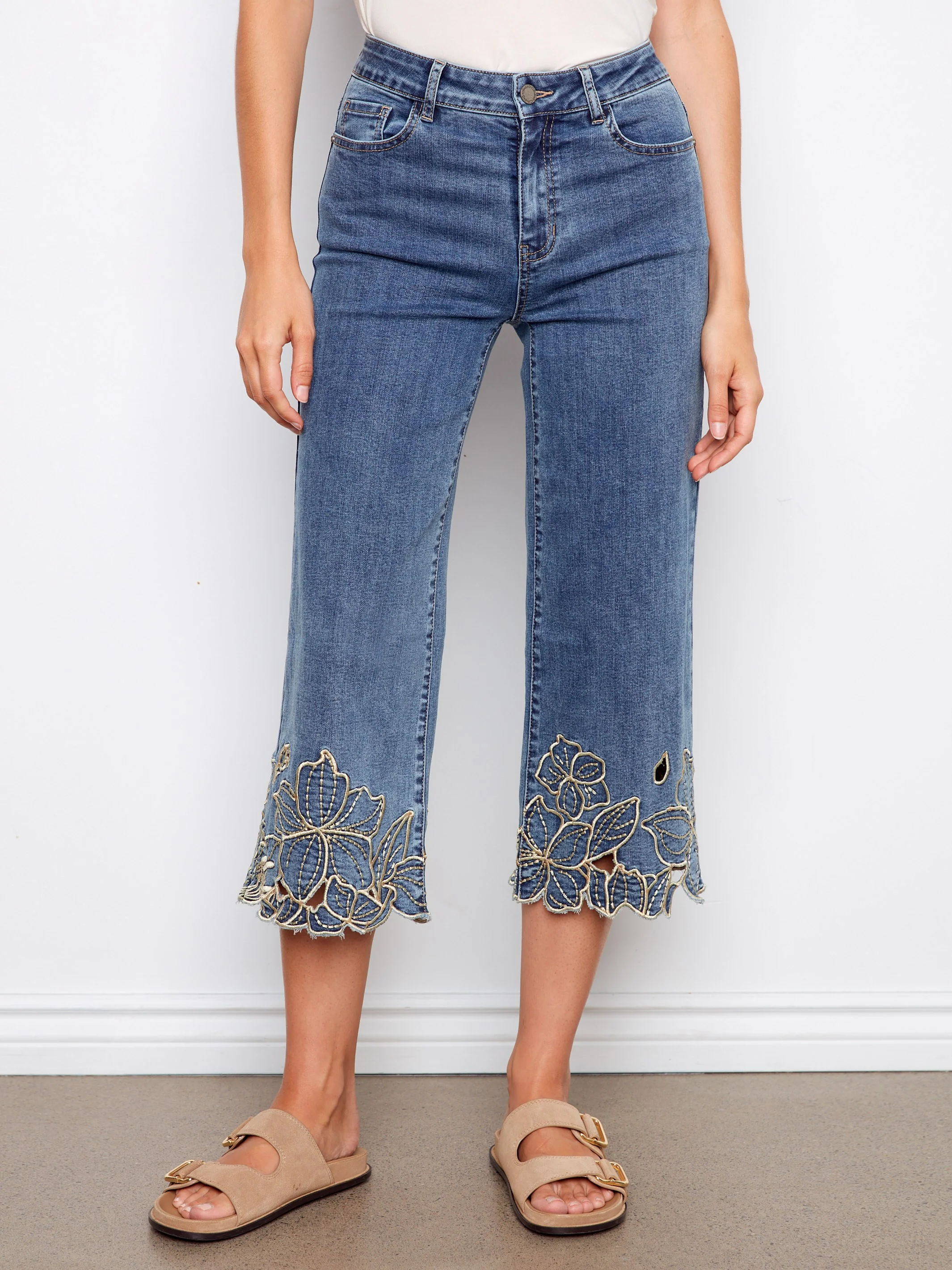 Cropped Wide Leg Jeans With Floral Embroidery - Medium Blue - Image 2