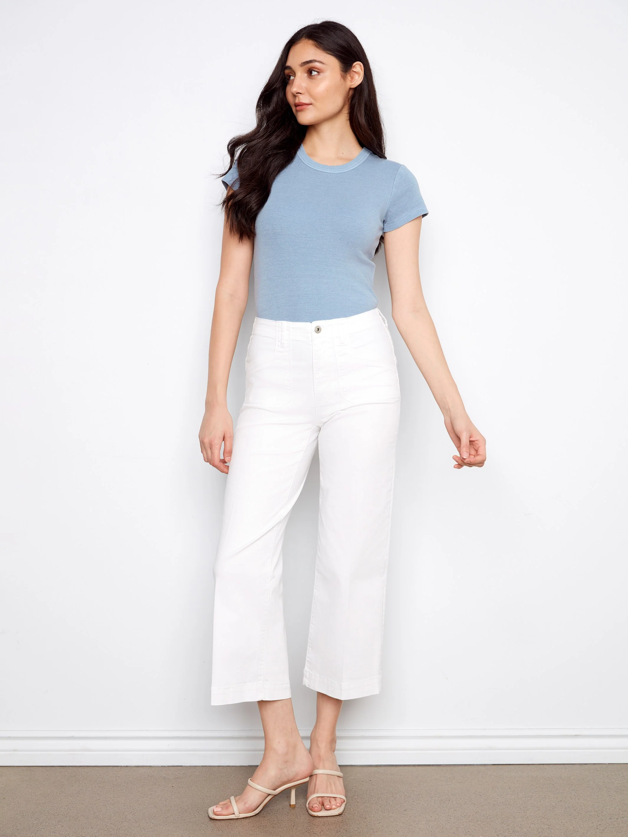 Cropped Wide Leg Stretch Twill Jeans - White - Image 3