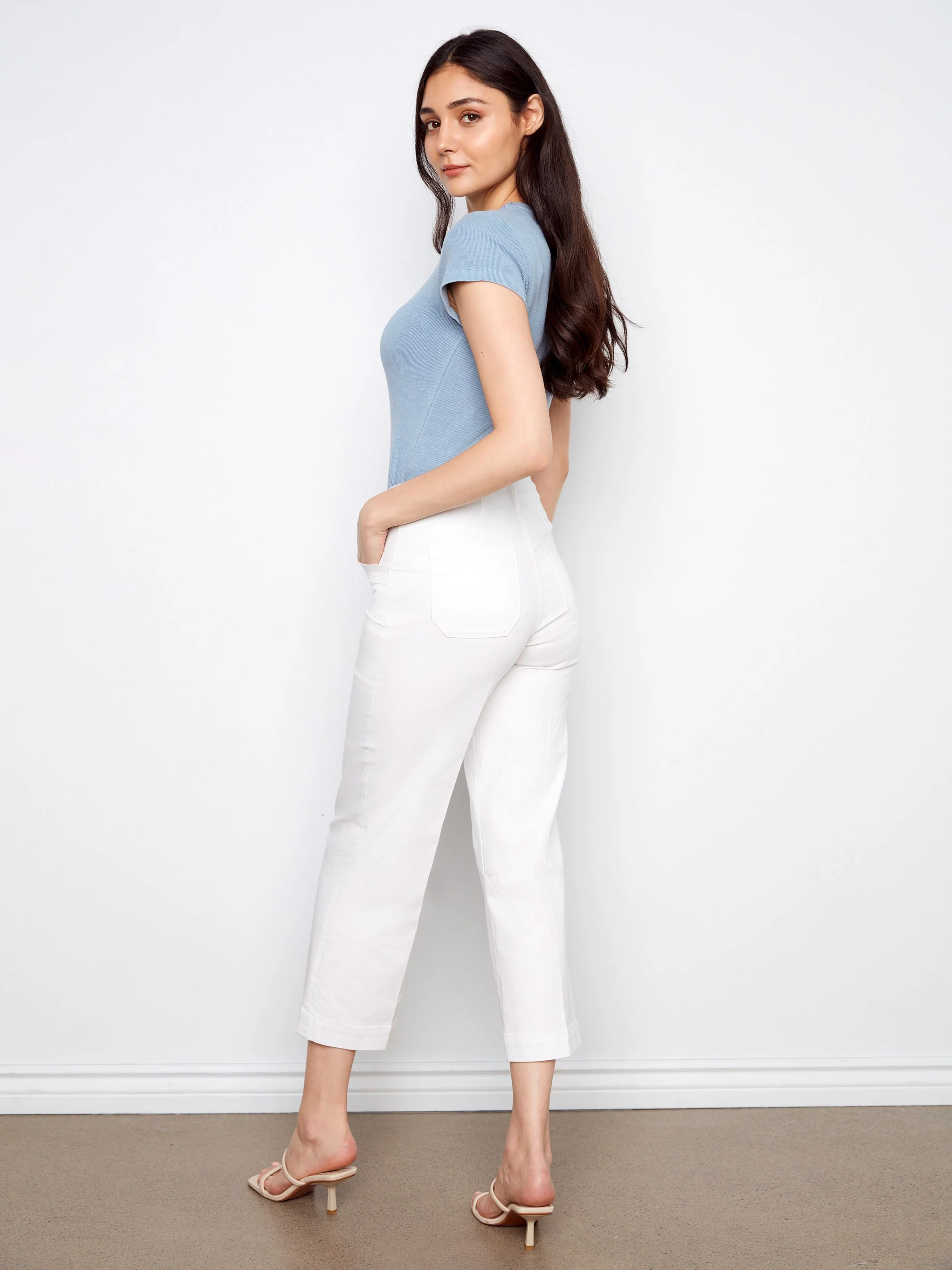 Cropped Wide Leg Stretch Twill Jeans - White - Image 4