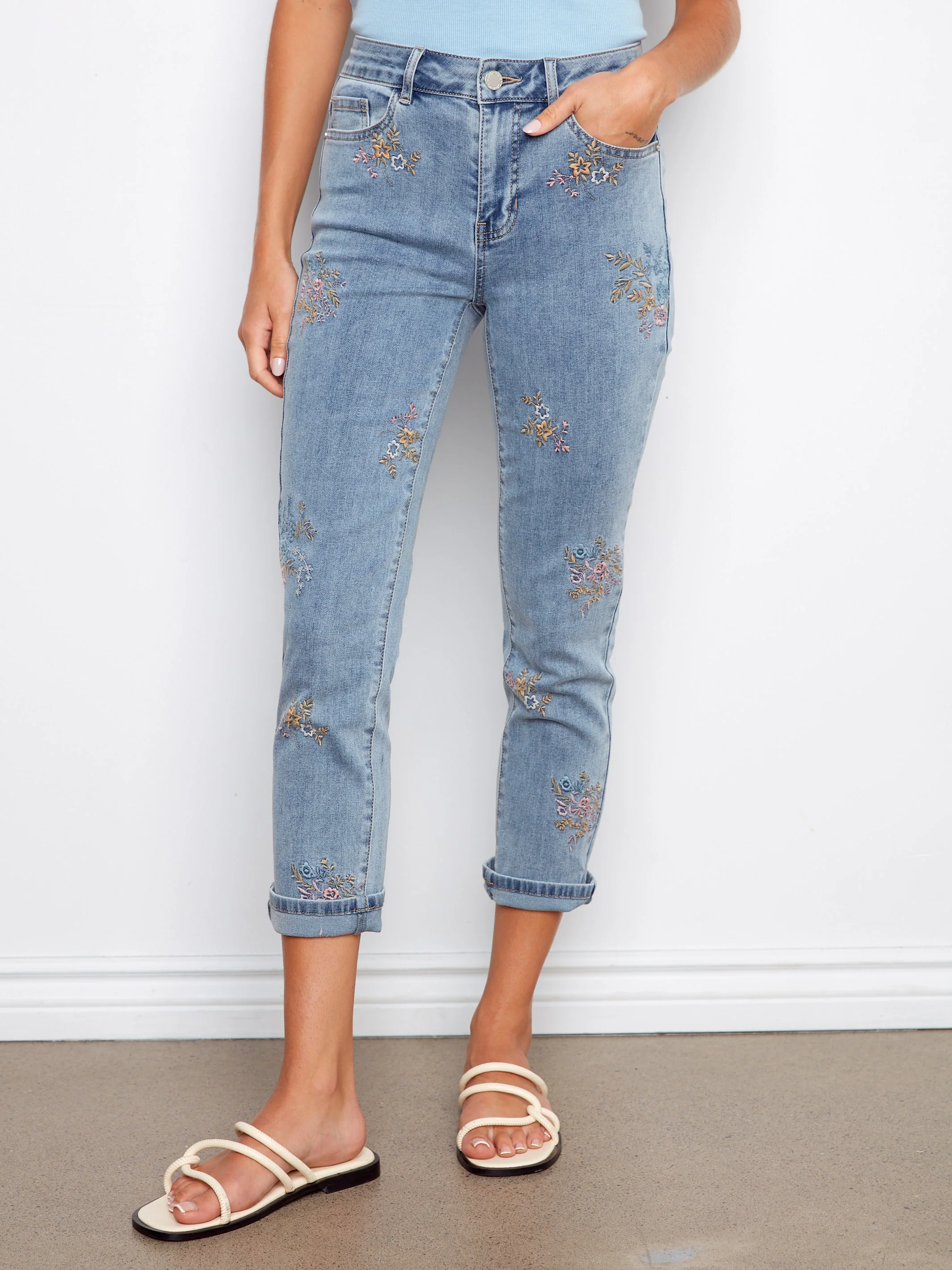 Cuffed Cropped Slim Leg Embroidered Jeans - Bouquet - Image 2