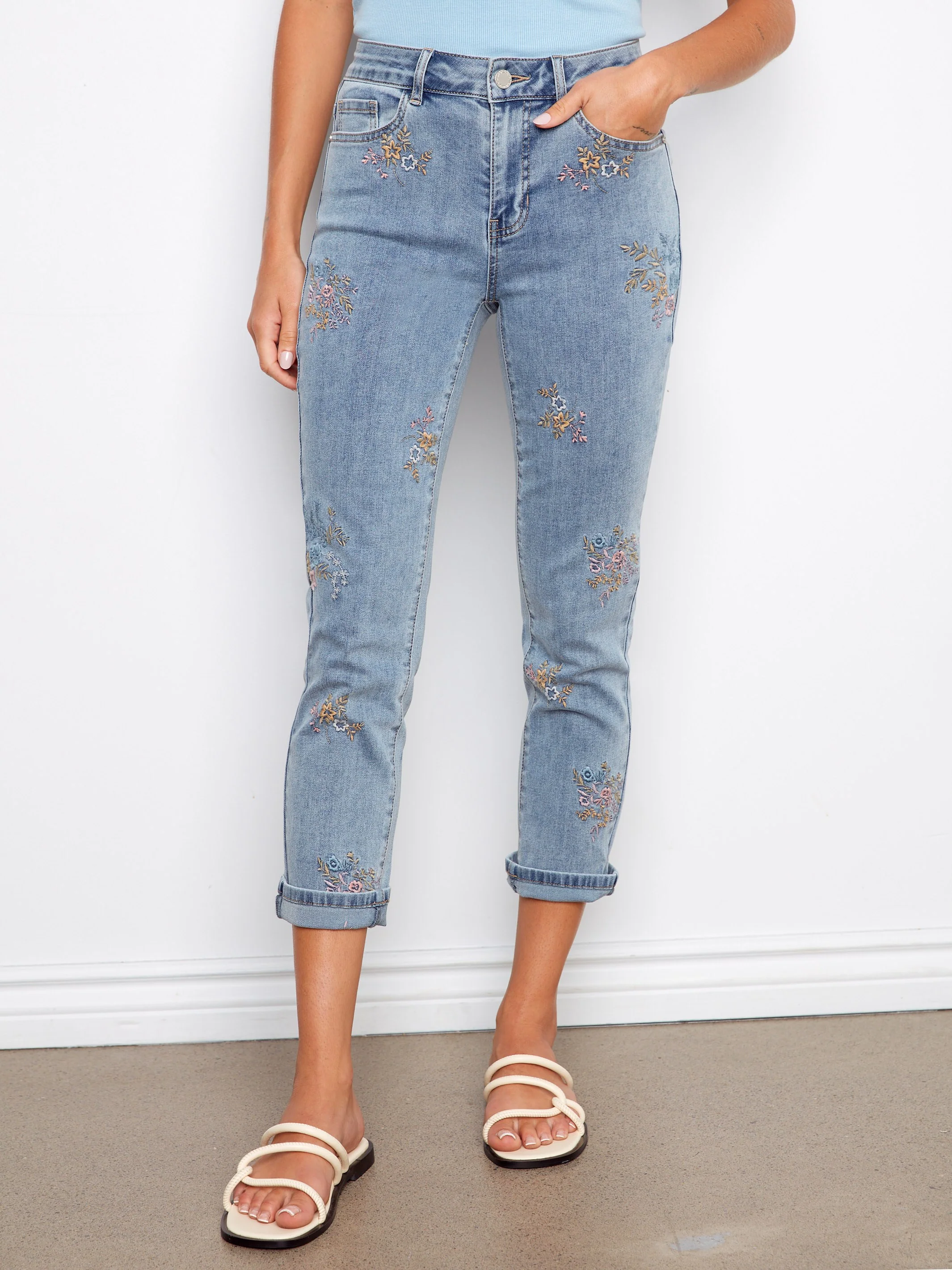 Cuffed Cropped Slim Leg Embroidered Jeans - Bouquet - Image 6